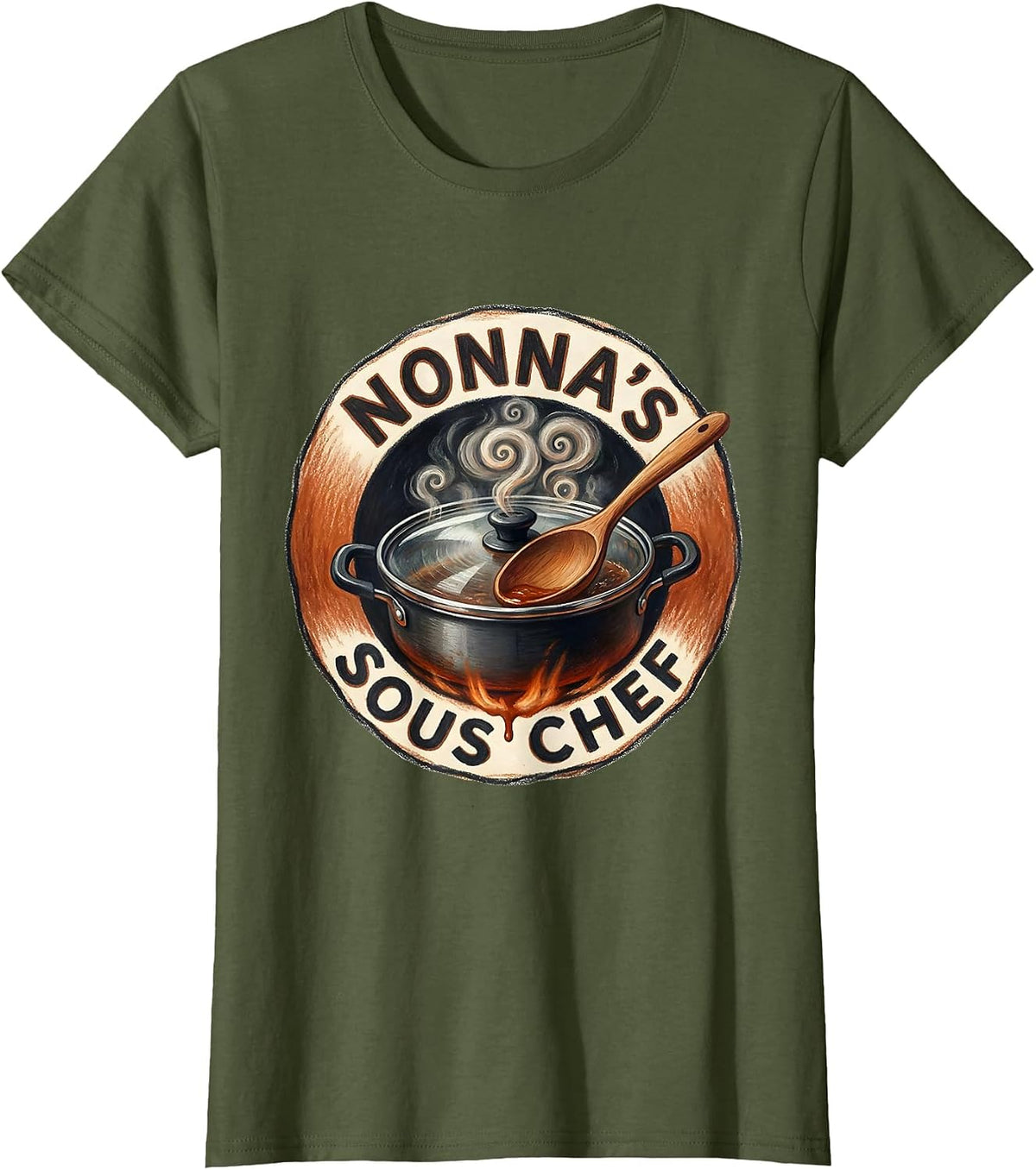 Women's Nonna's Sous Chef Funny Italian-American Heritage Food Humor T-Shirt - Olive Green