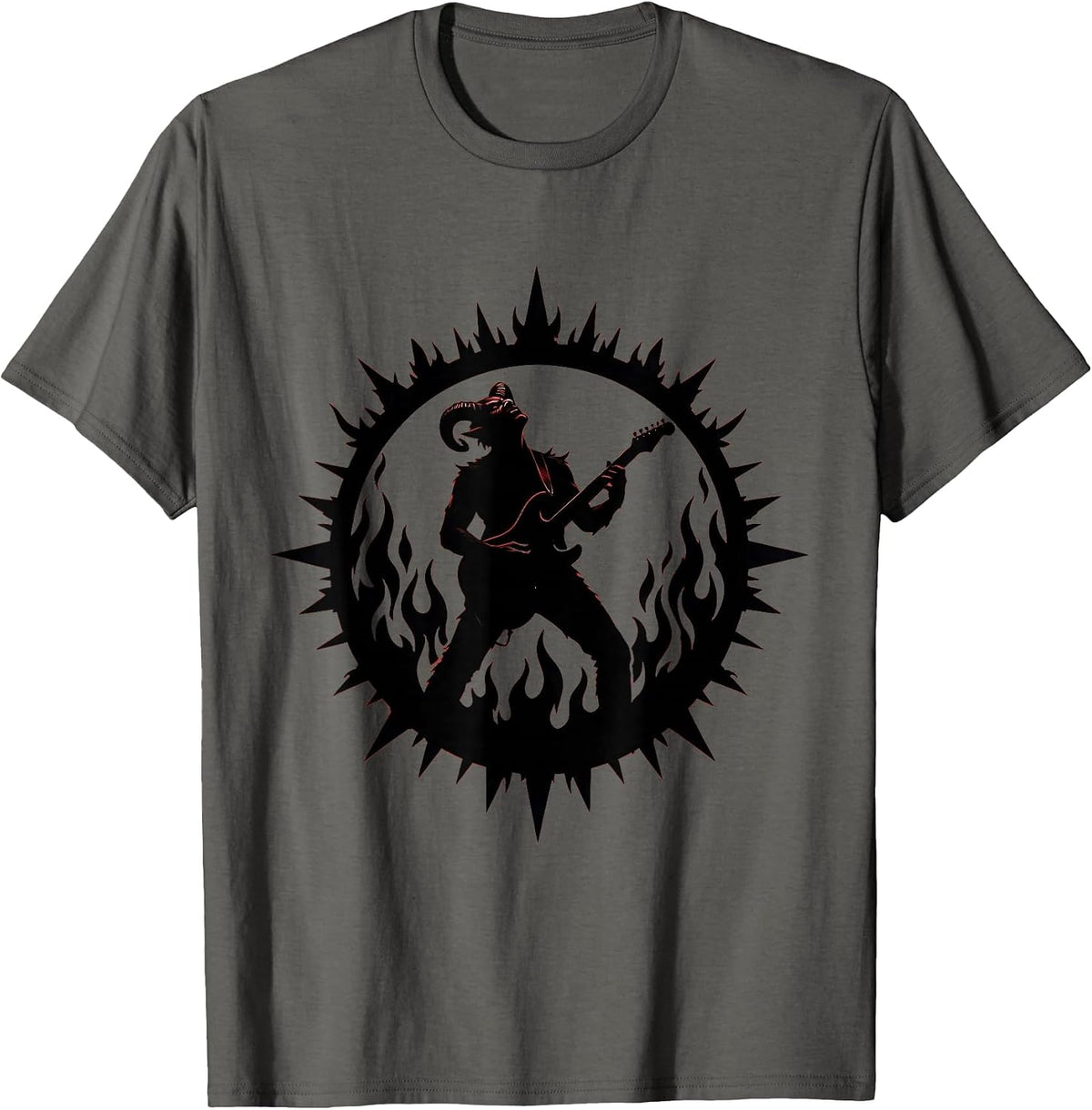 Demon Guitarist Shredding Flaming Stage Metal Design T-Shirt - Asphalt Grey