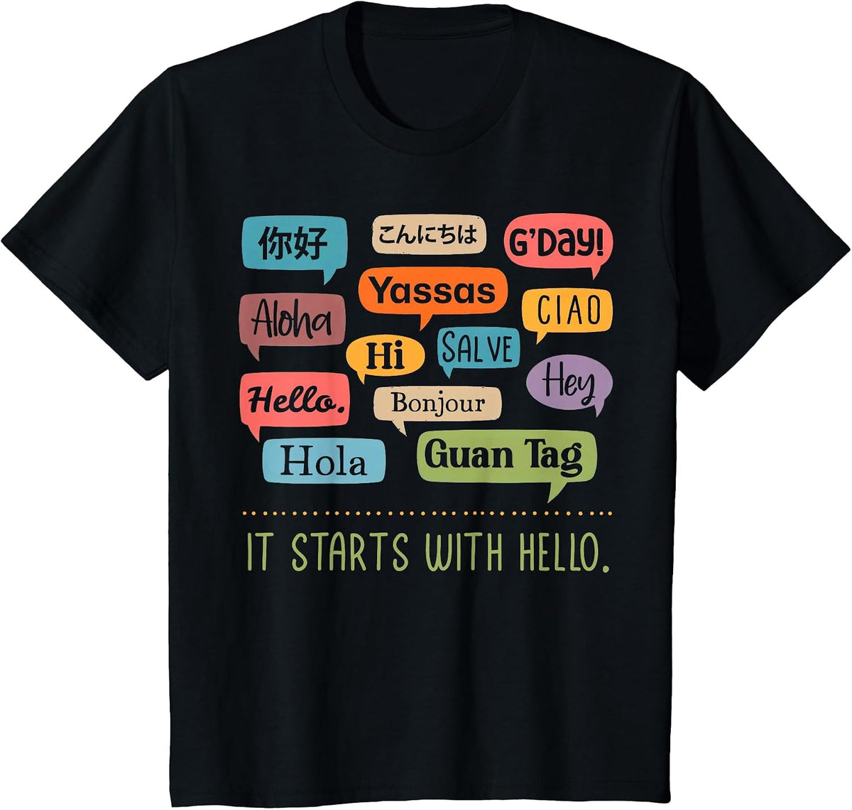 It Starts with Hello Friendship Unity Inclusion Teacher T-Shirt Tee for Educators - Black