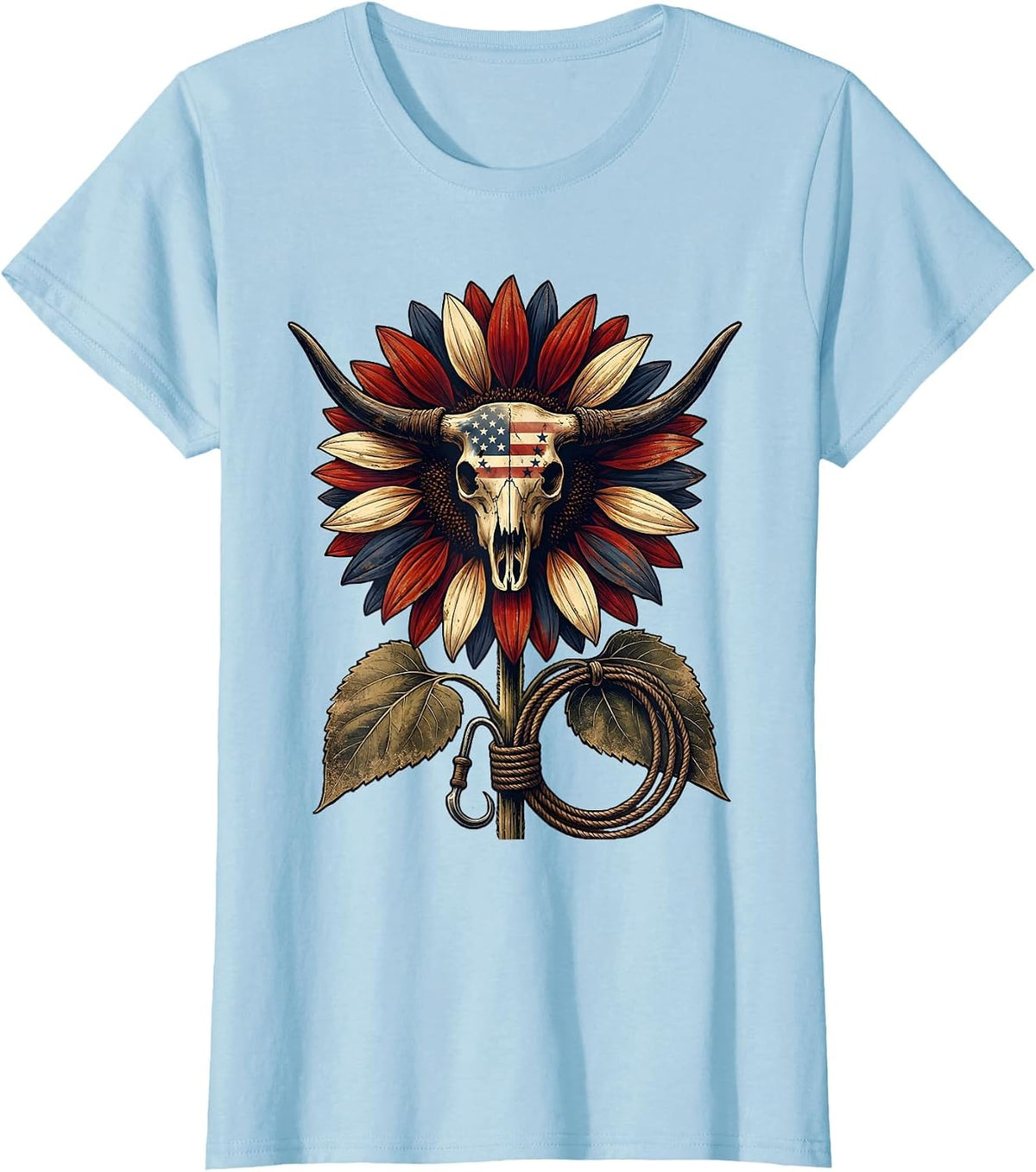 Red White and Blue Sunflower Patriotic Design T-Shirt - Baby Blue