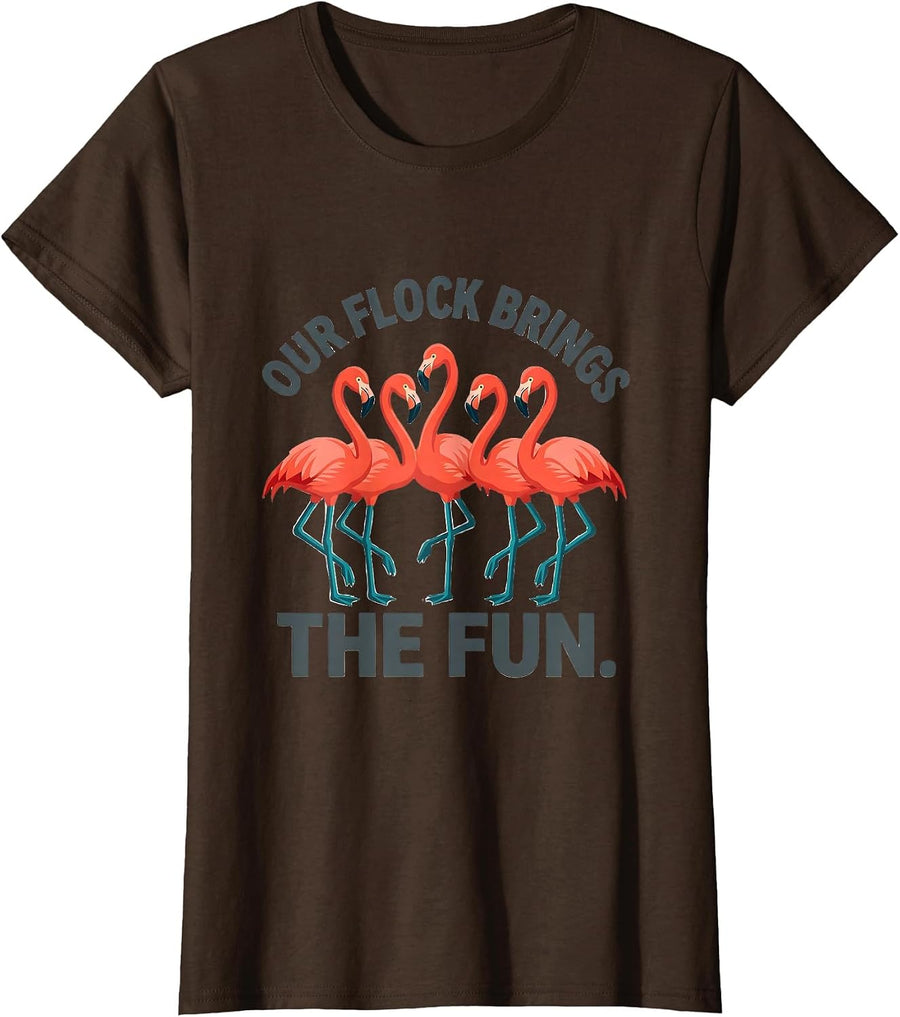 Women's Our Flock Brings The Fun Funny Flamingo Lover Novelty Gift T-Shirt - Brown