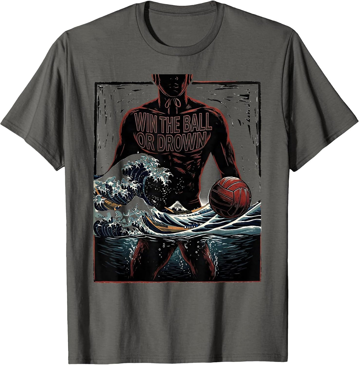 Men's WIN THE BALL OR DROWN Funny Water Polo Player Linocut Humor T-Shirt - Asphalt Grey