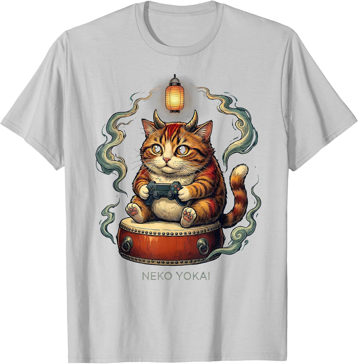 Men's Neko Yokai Funny Cat Anime Gaming Ramen Cat Lover T-Shirt - Silver Grey