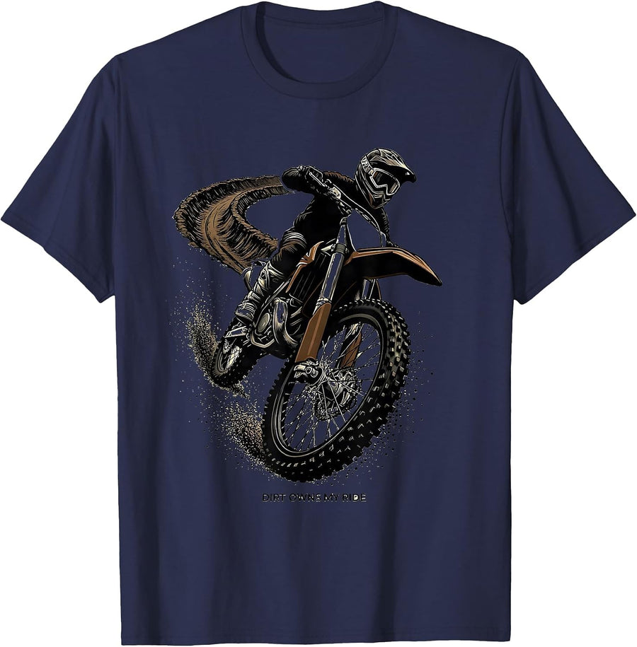 Dirt Owns My Ride Blackwork Dotwork Motocross Rider Dirt T-Shirt - Navy Blue