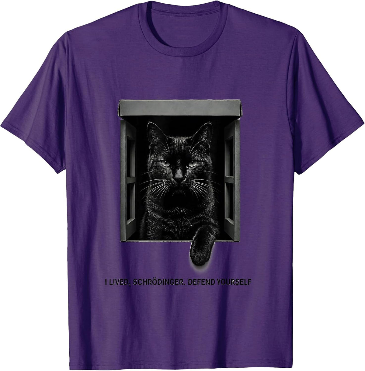 I Lived, Schrödinger Defend Yourself Funny Science Teacher T-Shirt - Purple