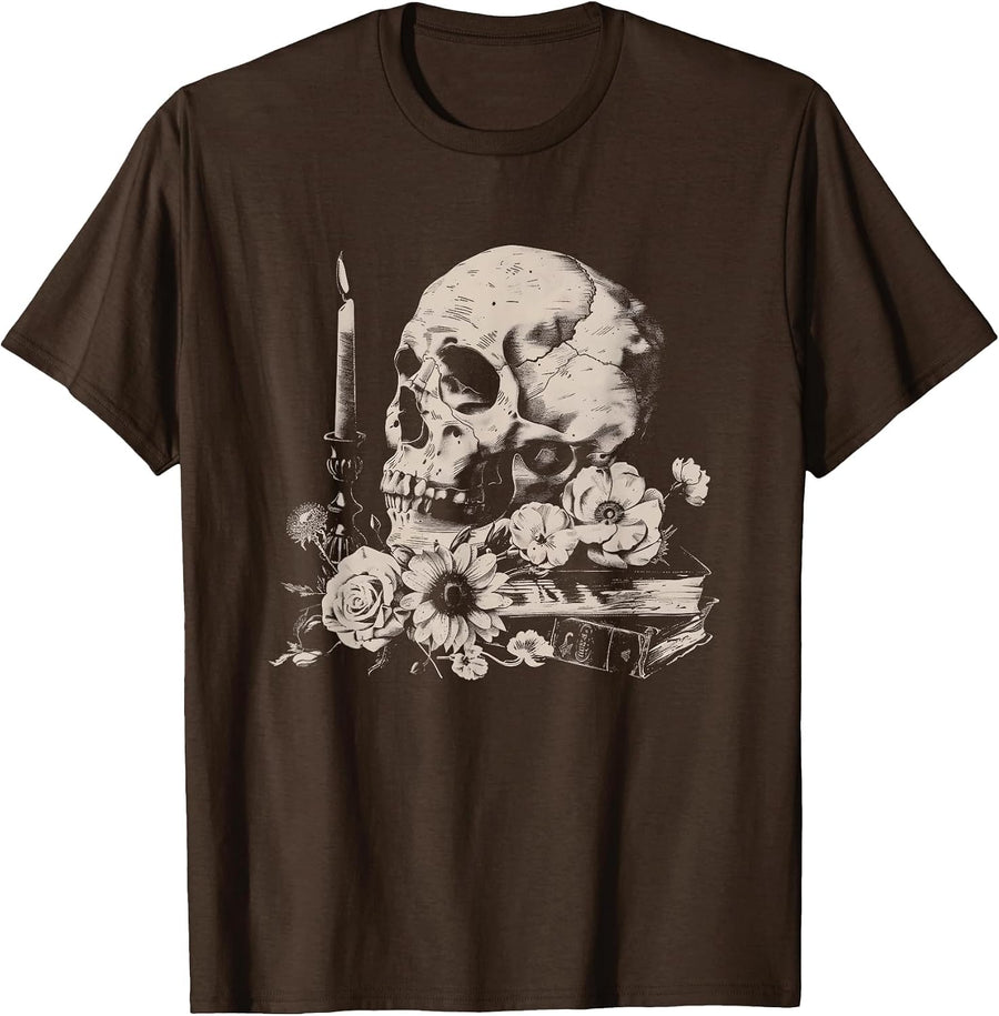 Skull Books Flowers Goth Reader Grunge Dark Alt Aesthetic T-Shirt - Brown