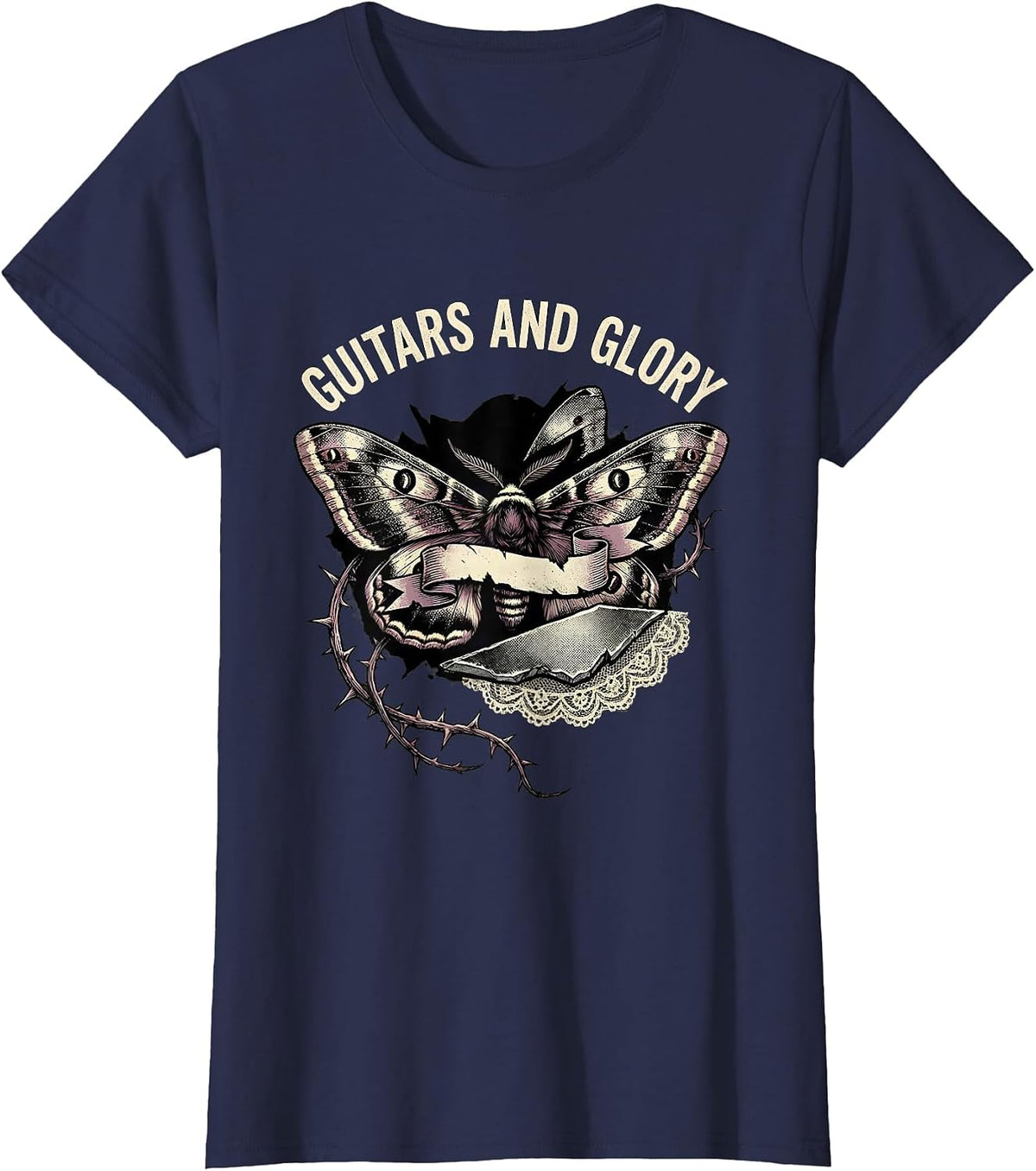 Women's Guitars and Glory 80s Rock Band Design T-Shirt - Navy Blue