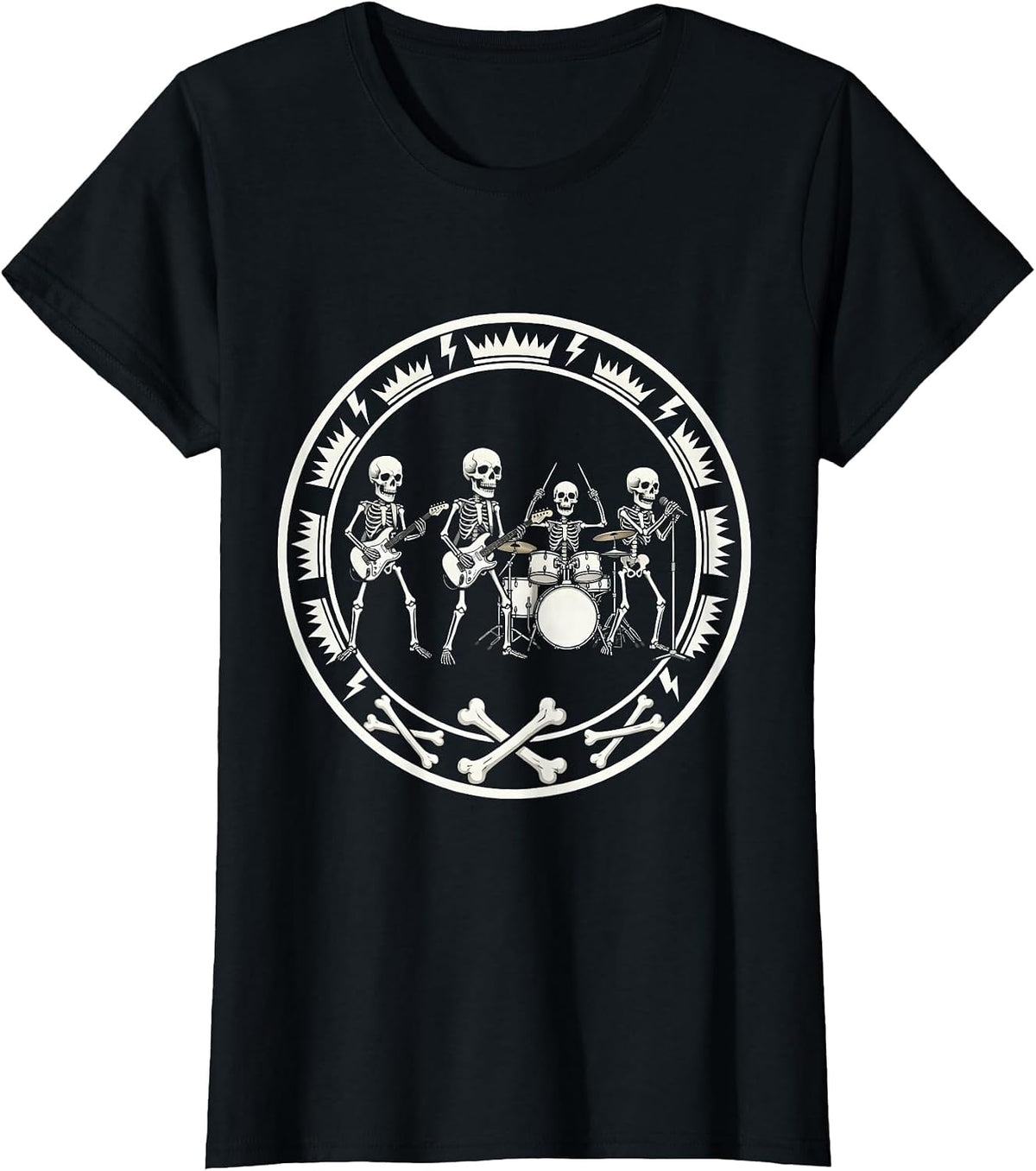 Skeleton Band Heavy Metal Stage Concert Graphic T-Shirt - Black