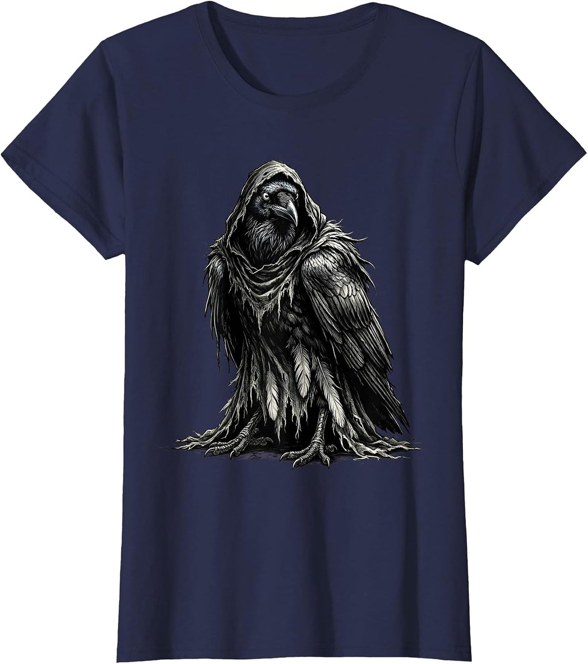 Women's Cawf Crow Hooded Cloak Illustration T-Shirt - Navy Blue