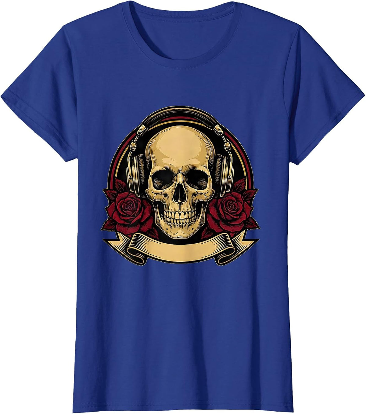 Women's Skull Vintage Headphones Rock Band Graphic T-Shirt - Royal Blue