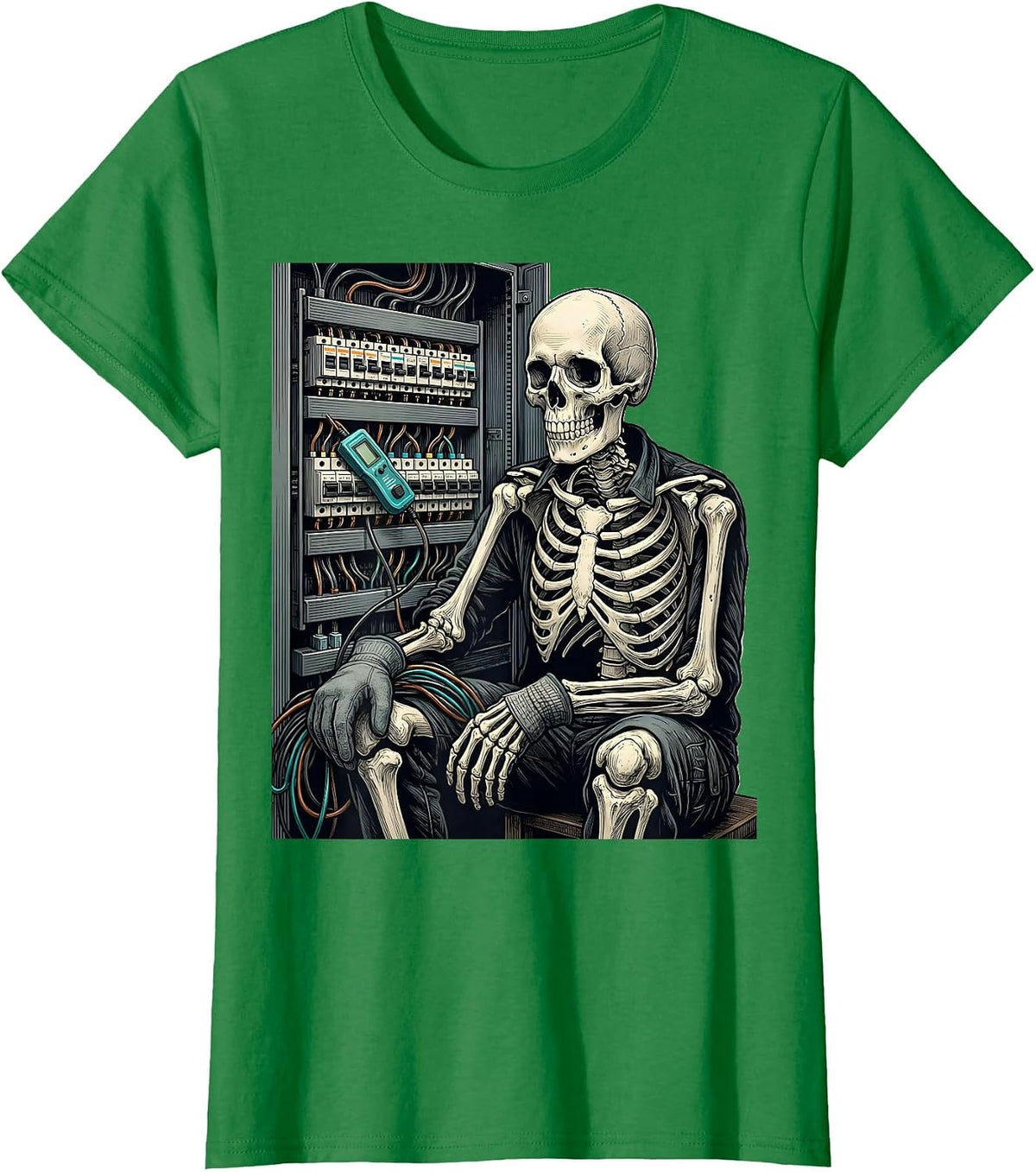 Skeleton Electrician Sign Painter Humor Funny T-Shirt - Kelly Green
