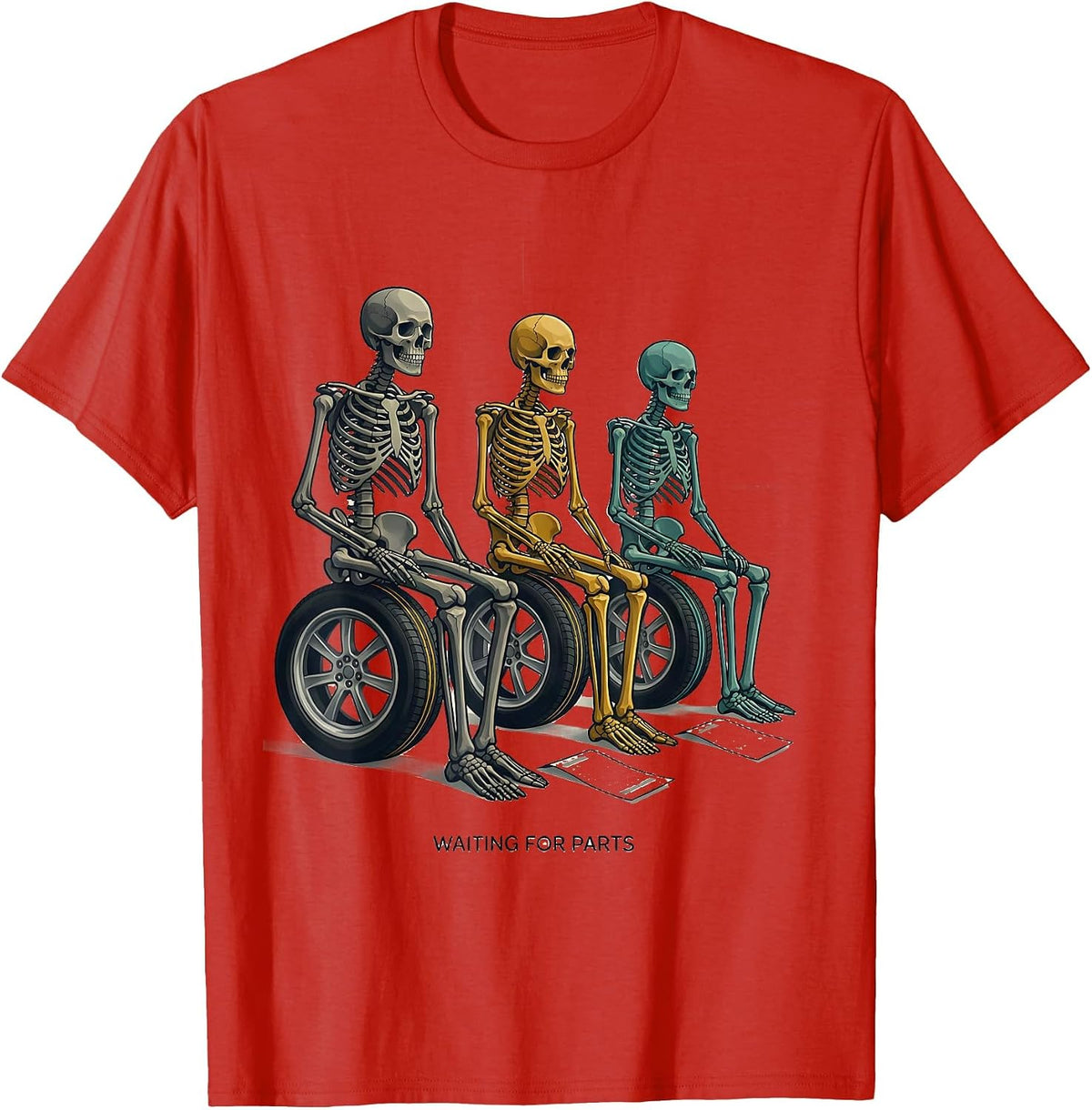 Men's Waiting For Parts Funny Mechanic Skeleton Auto Repair Life T-Shirt - Red