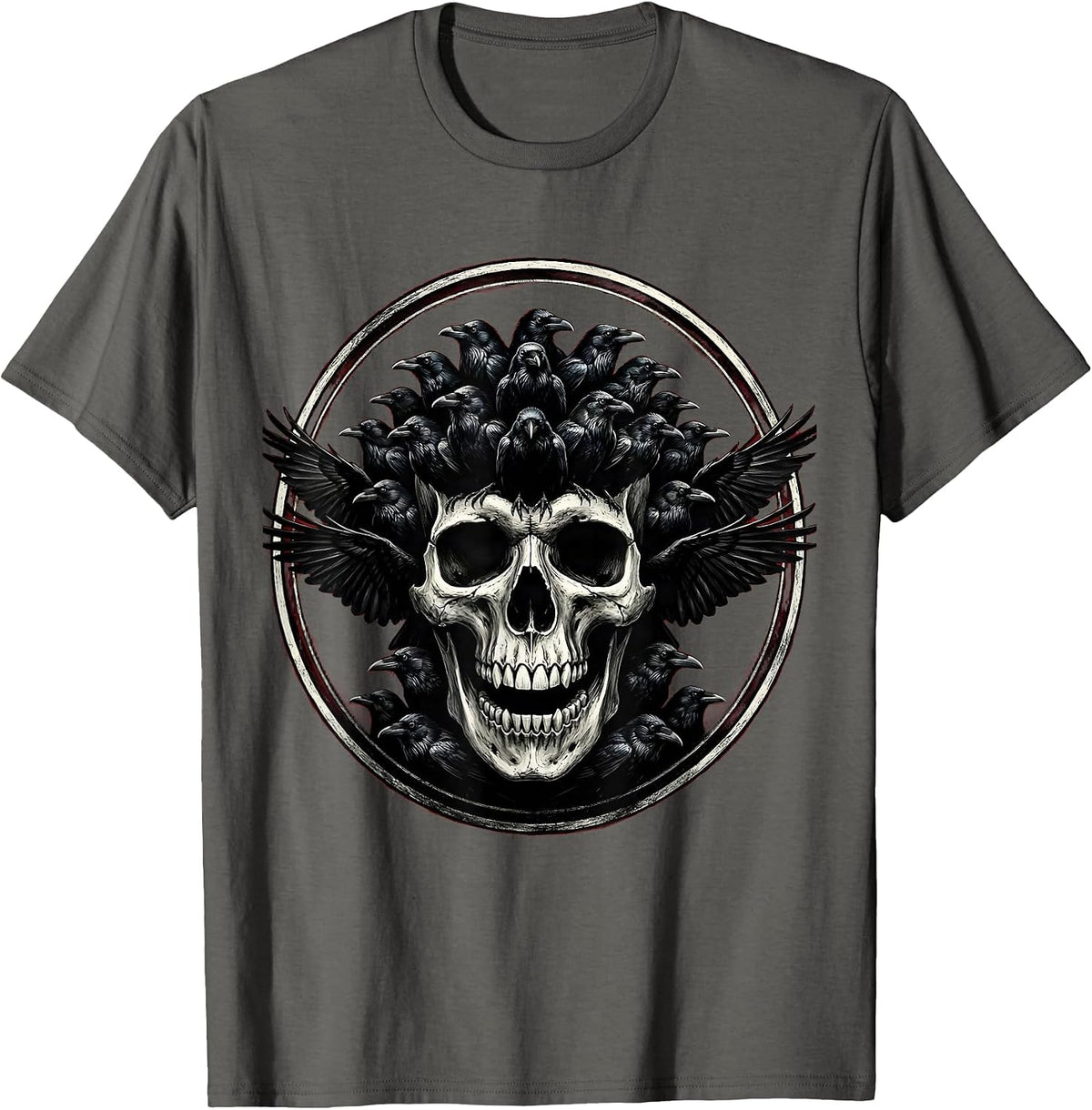 Men's Flock of Crows Skull Illusion Dark Art Design T-Shirt - Asphalt Grey