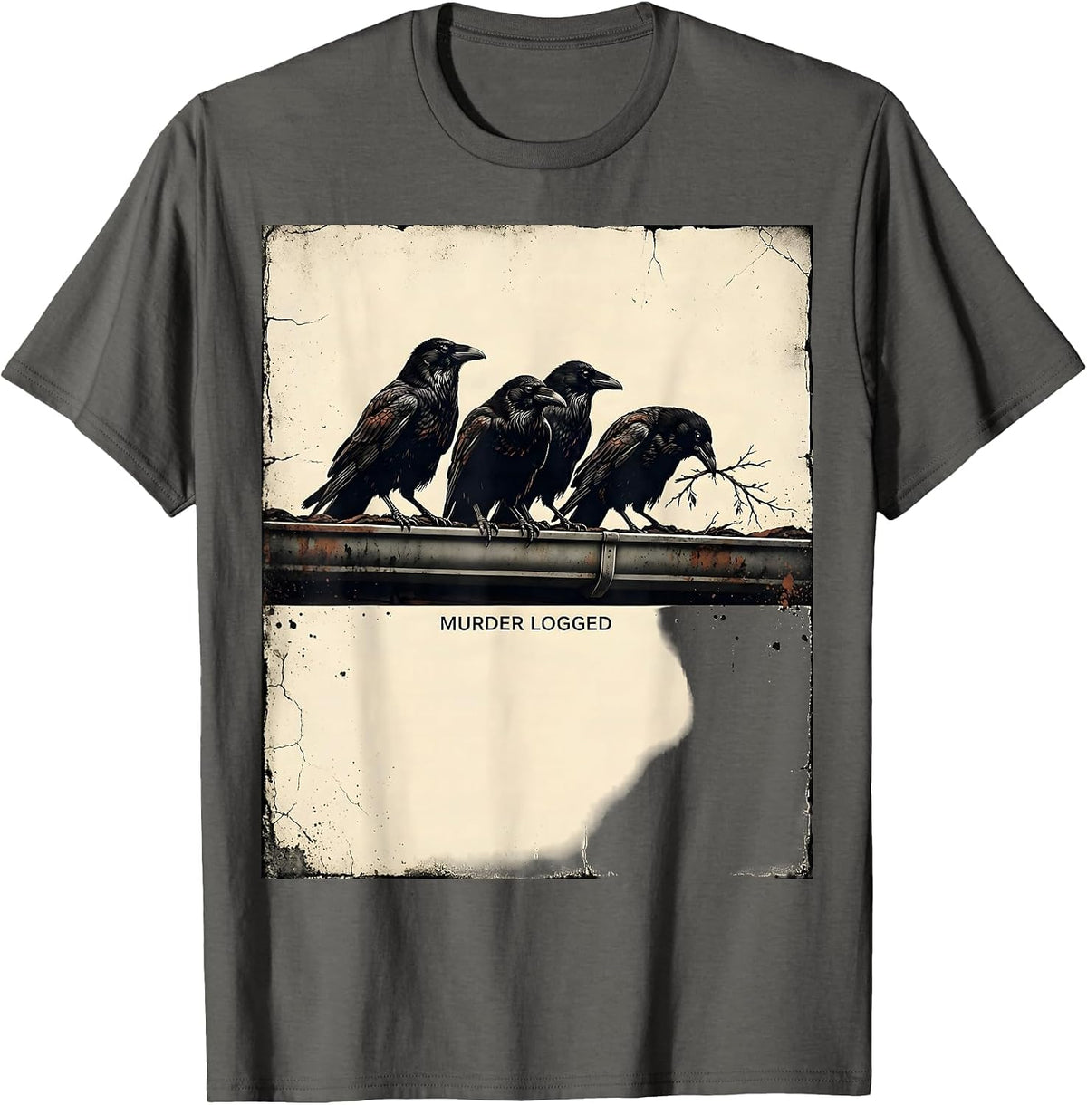 Men's Murder Logged Distressed Crow Gothic Bird Lover Dark Humor T-Shirt - Asphalt Grey