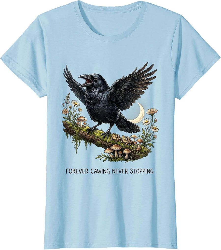 Women's Forever Cawing Never Stopping Crow Design T-Shirt - Baby Blue