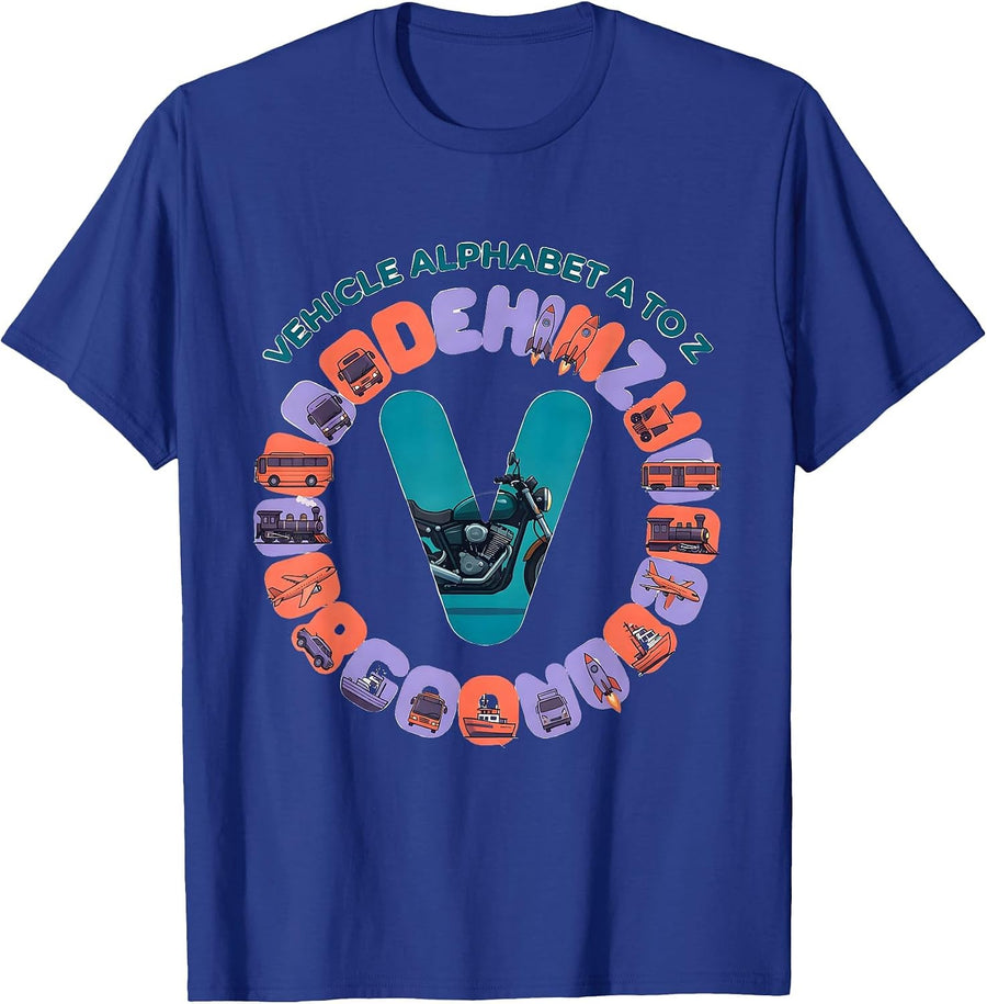 Vehicle Alphabet A to Z Learning Letters Kids Teachers T-Shirt - Royal Blue