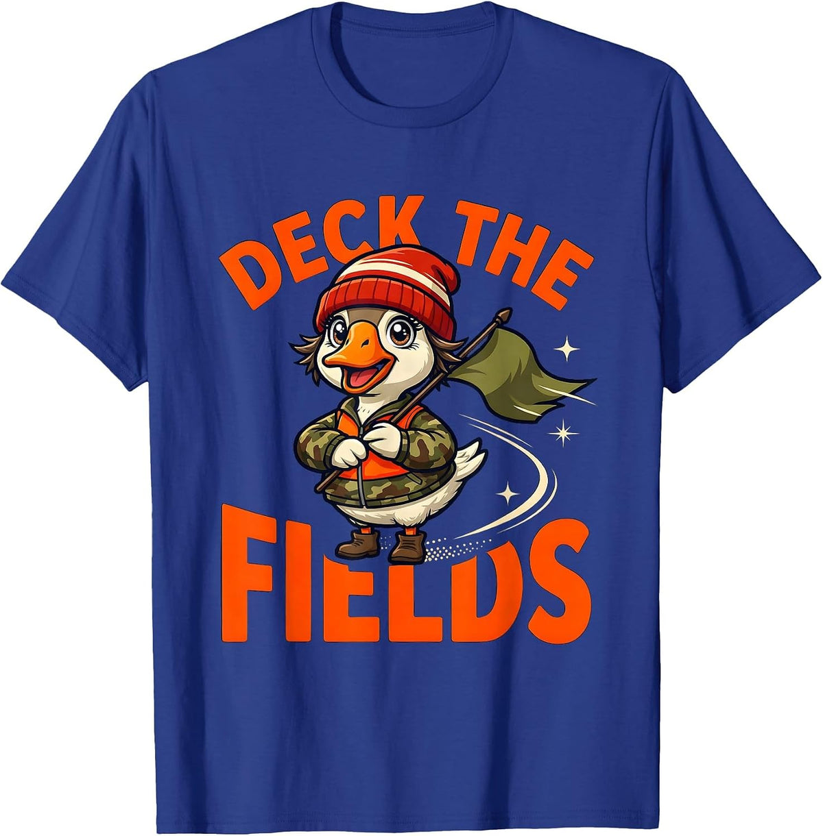 DECK THE FIELDS Funny Cartoon Goose Hunter Christmas T-Shirt - Royal Blue