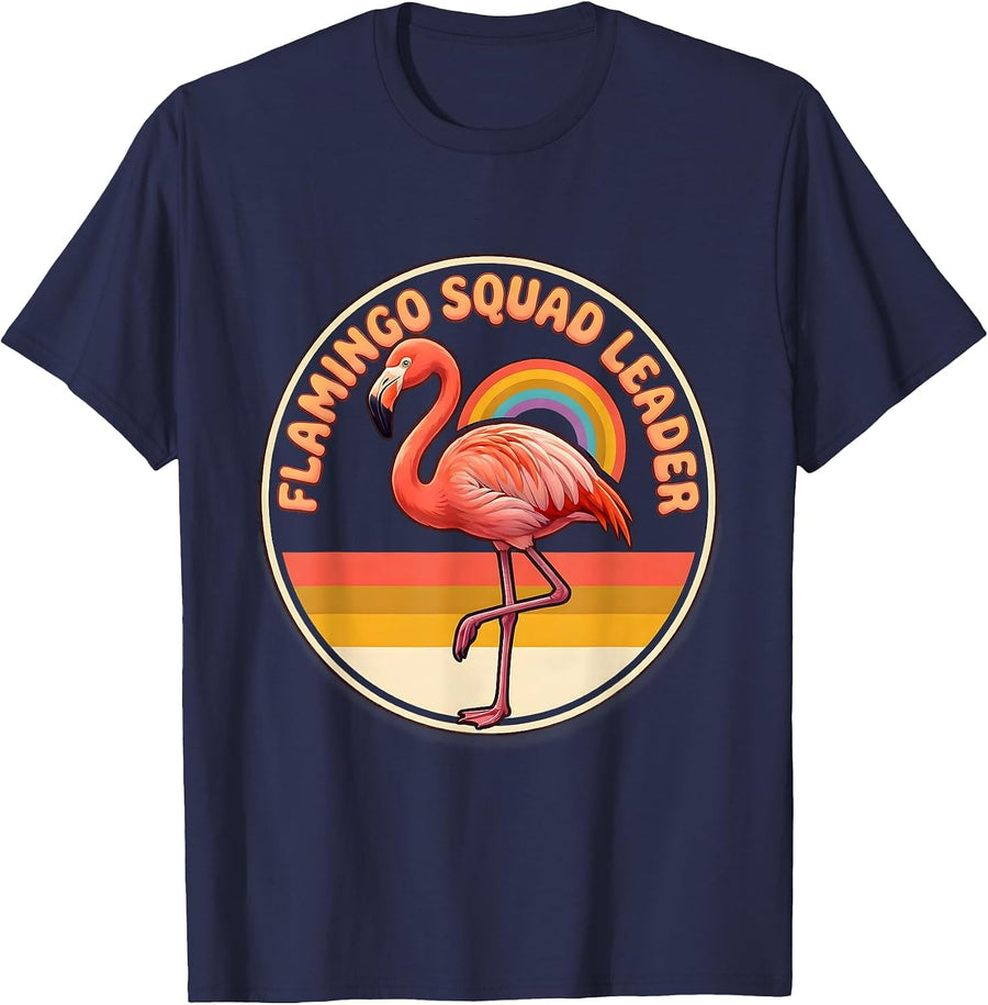 Flamingo Squad Leader Retro 70s Funny Flamingo Novelty T-Shirt - Navy Blue