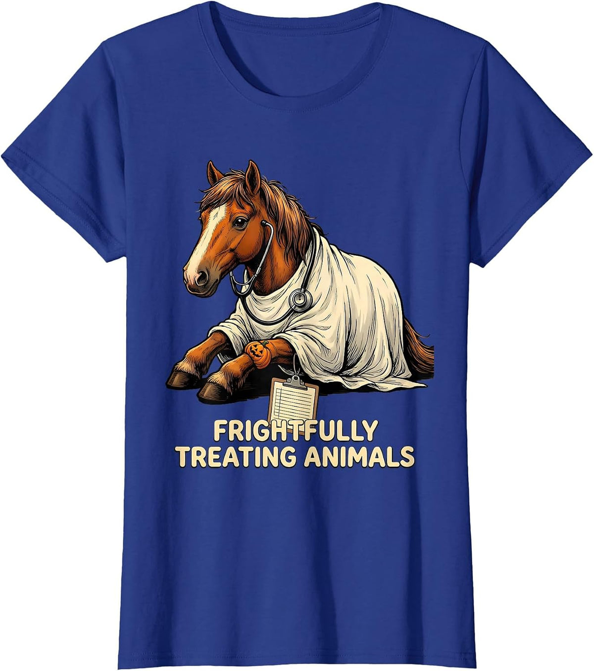 Women's Frightfully Treating Animals Funny Vet Tech Halloween T-Shirt - Royal Blue