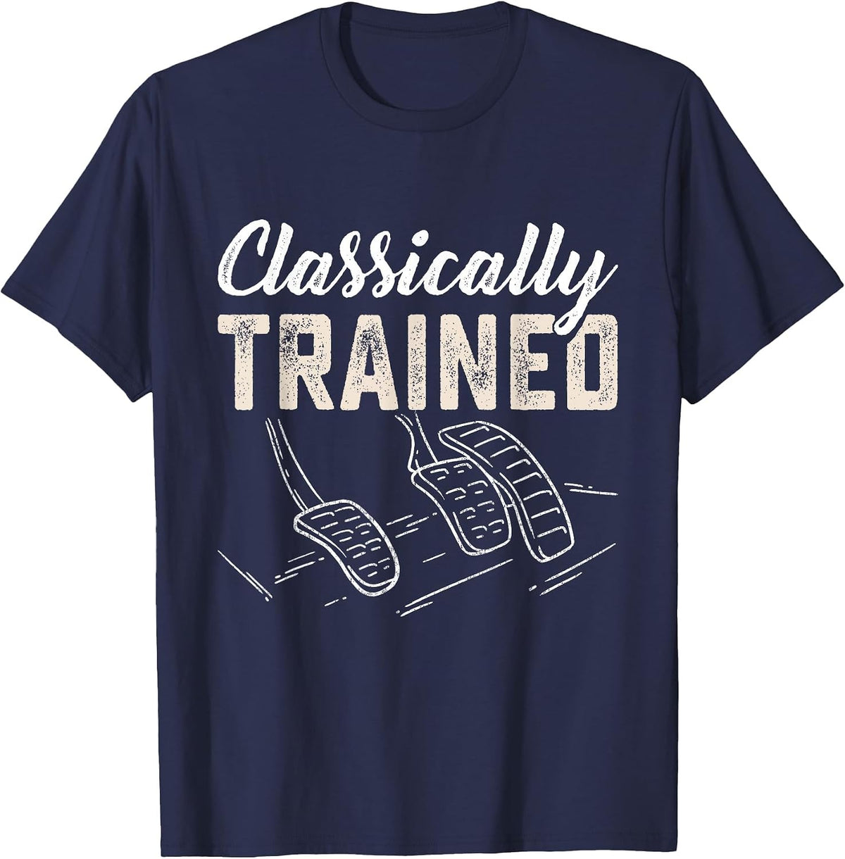 Classically Trained Retro Racing Three Pedals Manual Car Guy T-Shirt - Navy Blue