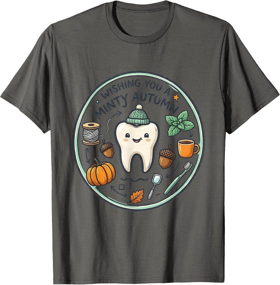 Wishing You A Minty Autumn Funny Dental Hygienist Kawaii T-Shirt - Asphalt Grey