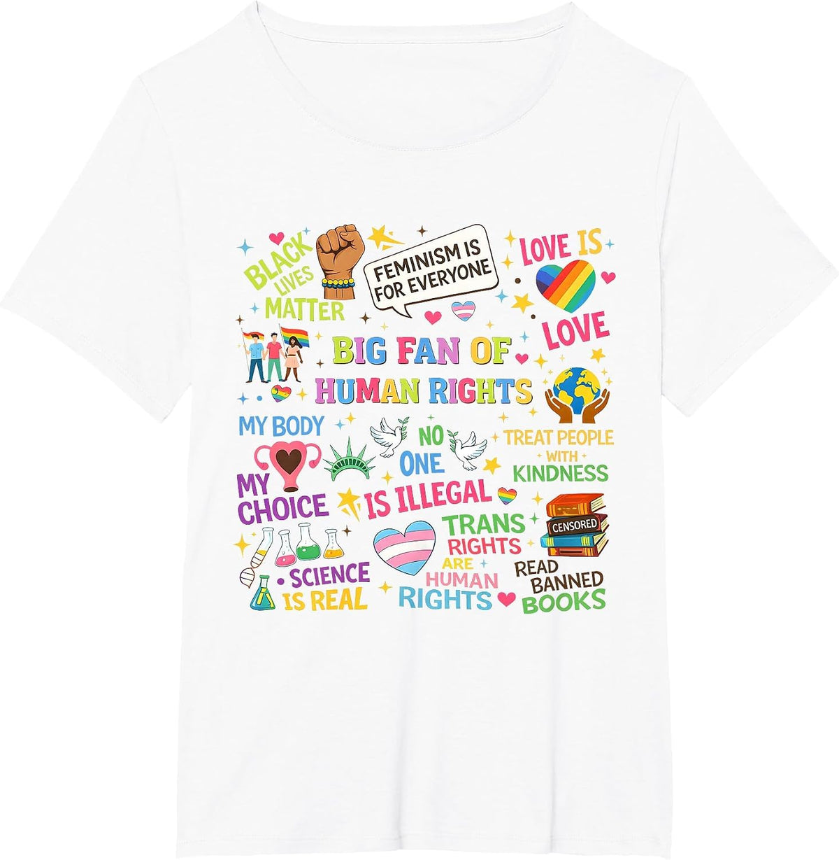 Floral Women Men Big Fan of Human Rights Equality Rainbow T-Shirt - White
