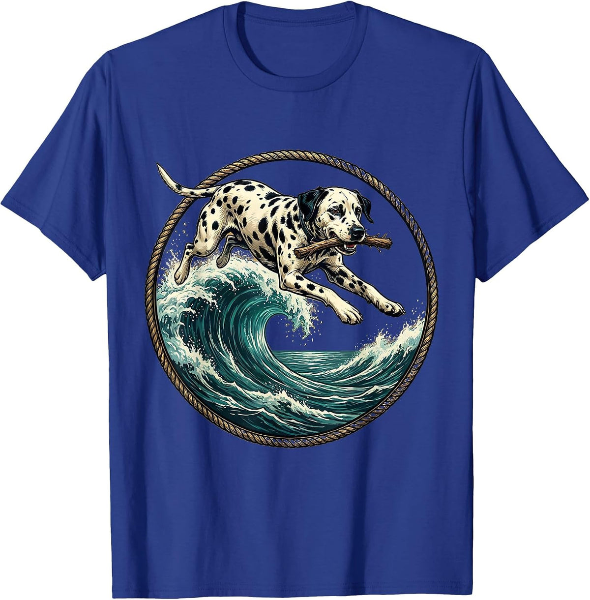 Dalmatian Fetching Stick Over Crashing Wave T-Shirt - Royal Blue