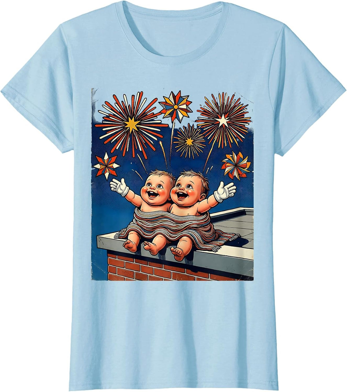 Kids Patriot Day Fireworks Rooftop Night Scene T-Shirt - Baby Blue