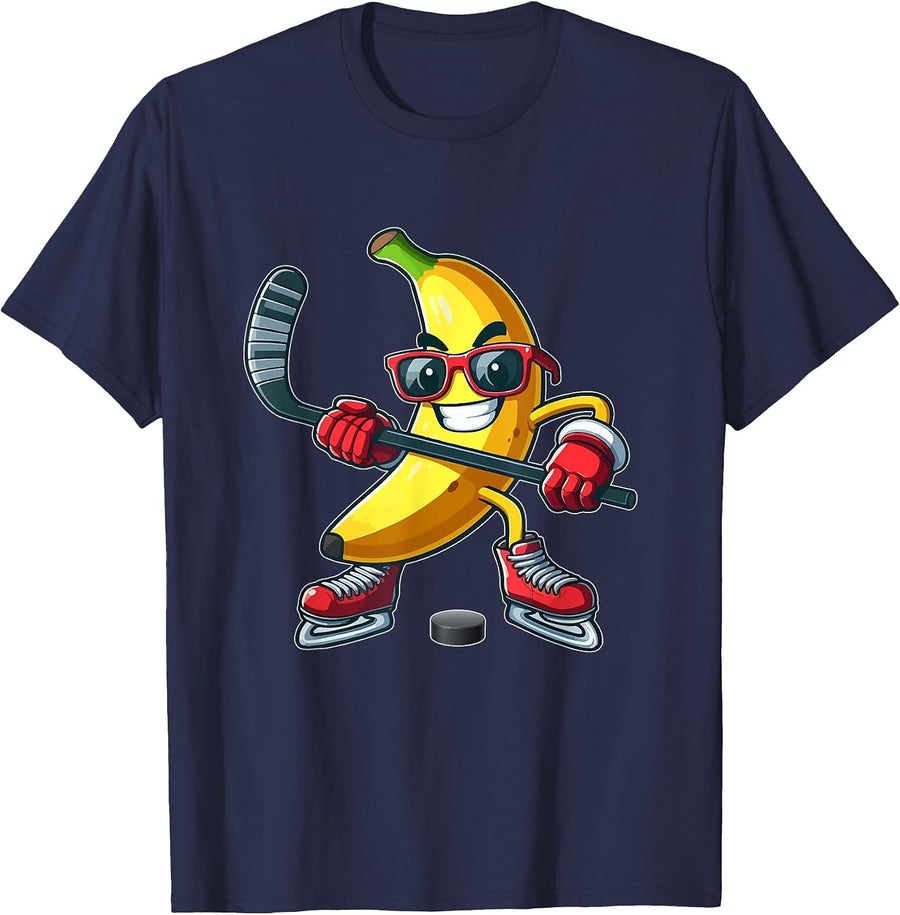 Banana Sunglasses Playing Hockey Funny Fruit Sport Player T-Shirt - Navy Blue