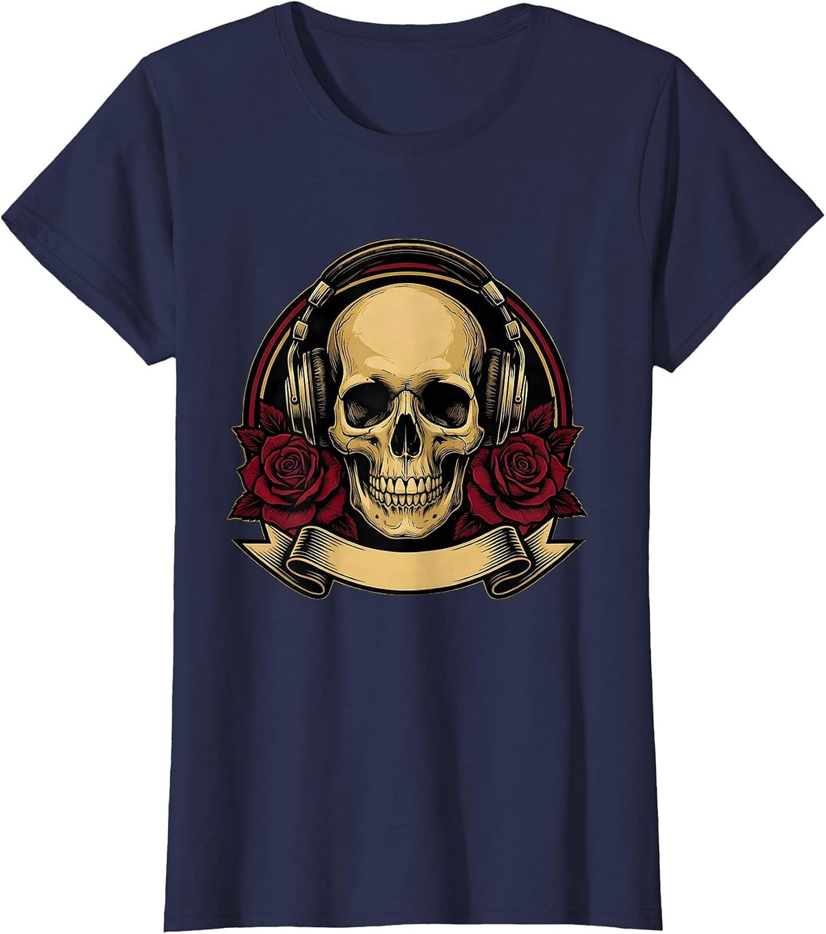 Women's Skull Vintage Headphones Rock Band Graphic T-Shirt - Navy Blue