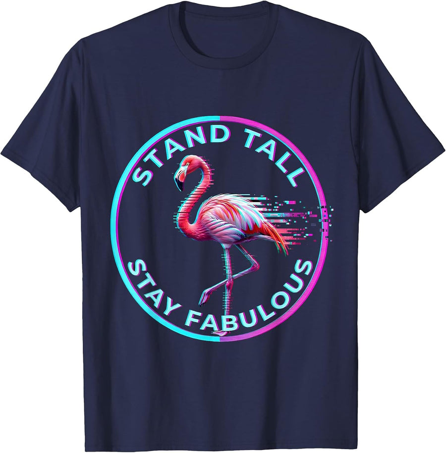Stand Tall Stay Fabulous Flamingo Design T-Shirt - Navy Blue