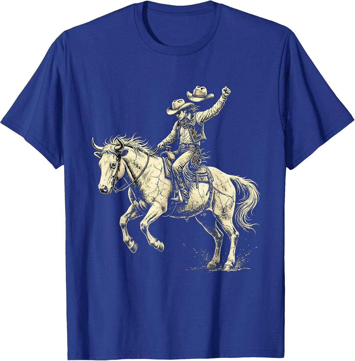 Men's Cowgirl Riding Bucking Bronco Rodeo Illustration T-Shirt - Royal Blue
