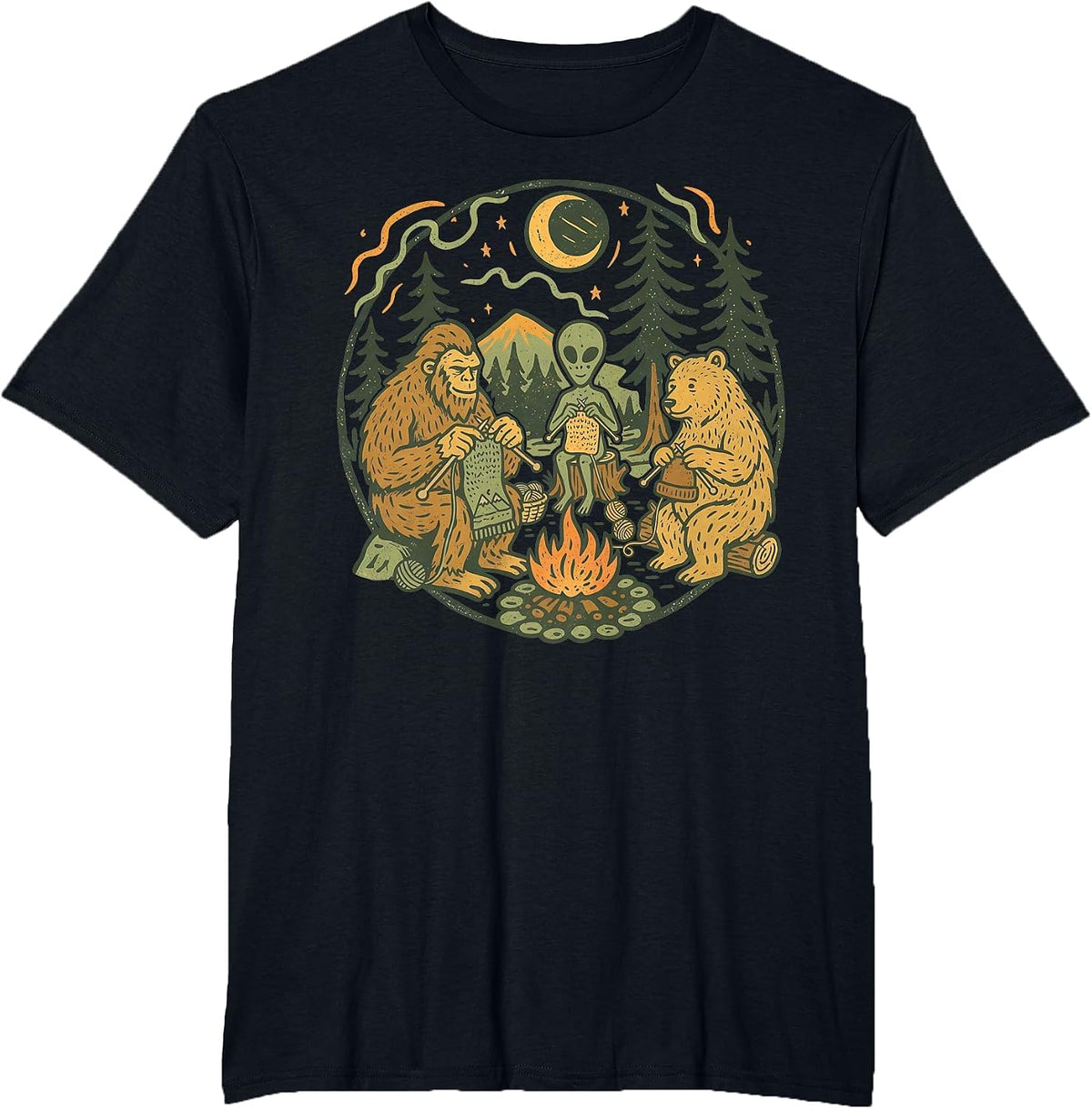 Campfire Knitting Friends Retro Bigfoot Alien Bear Knitting T-Shirt - Black