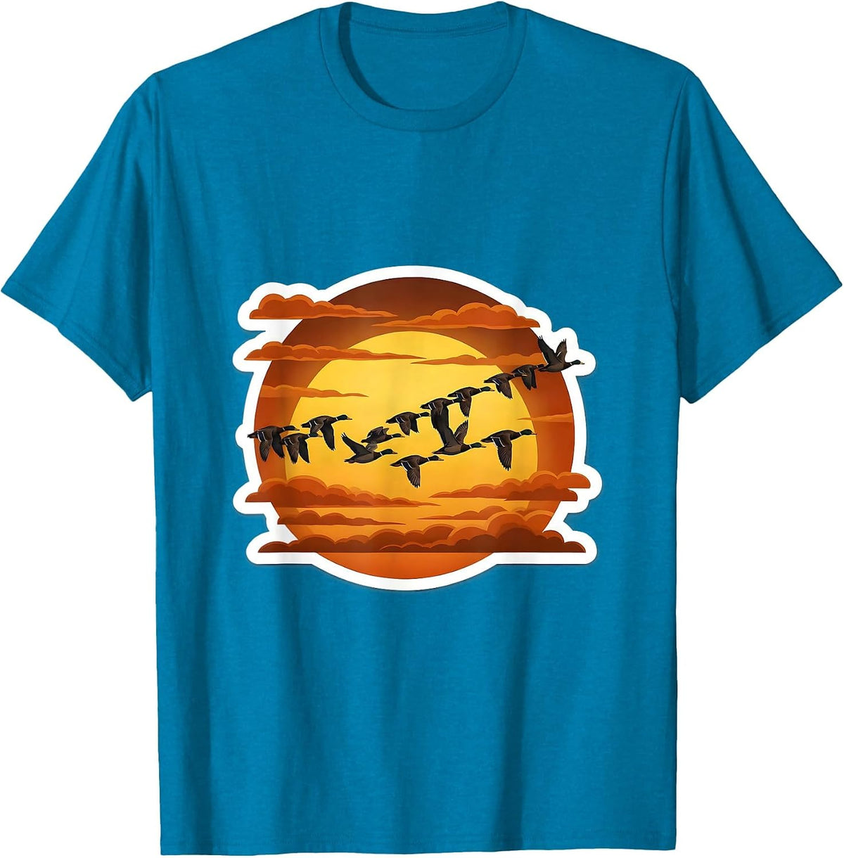 Ducks Flying in V-Formation Sunset Illustration T-Shirt - Sapphire Blue