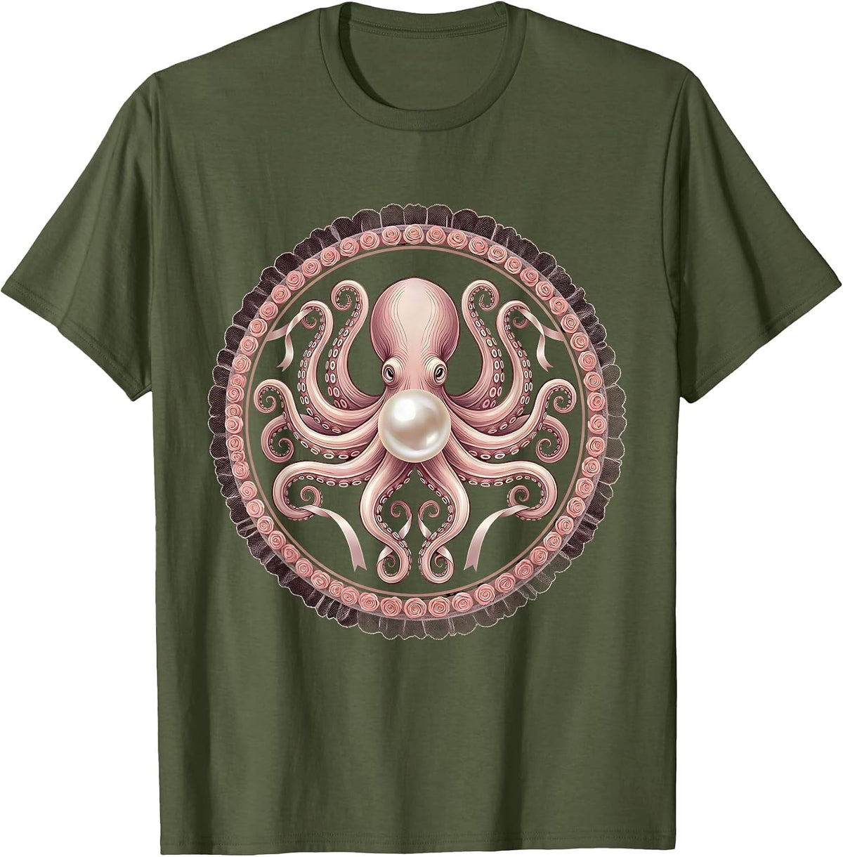 Octopus Pearl Embrace Ocean Art Design T-Shirt - Olive Green
