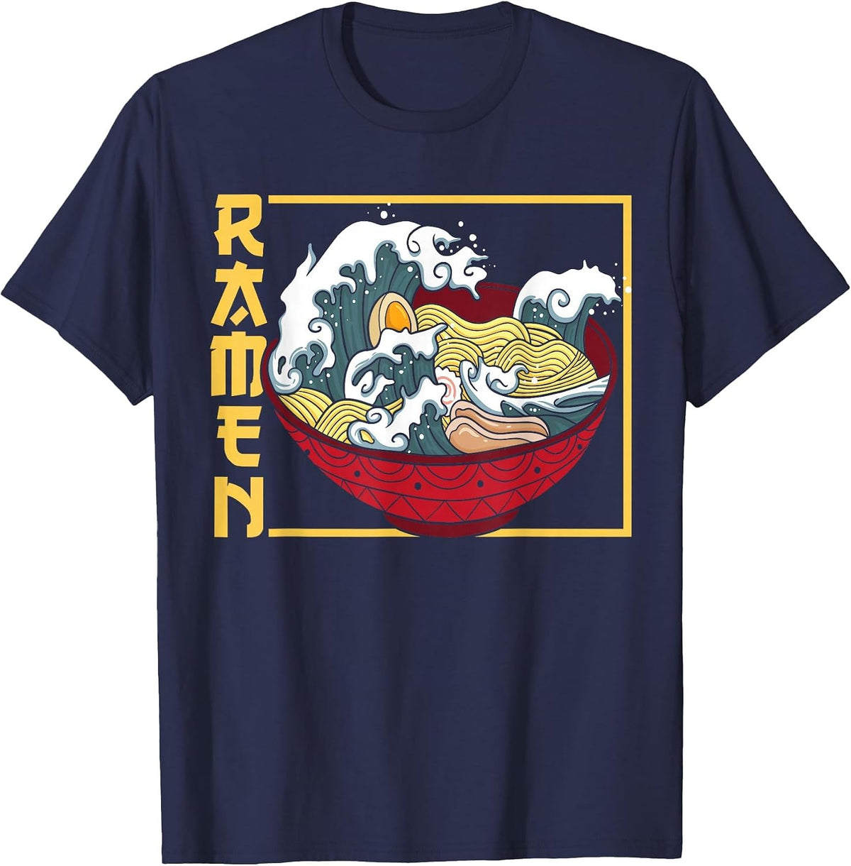 The Great Wave Off Kanagawa Ramen Eater Japanese Noodle Soup T-Shirt - Navy Blue