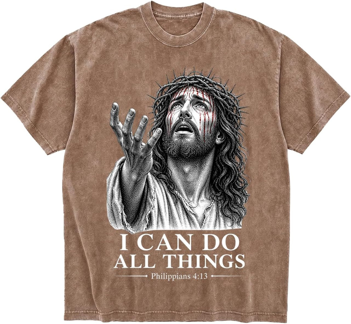Acid Wash Oversized Christian Jesus Graphic Tee Faith Streetwear - Khaki cy189