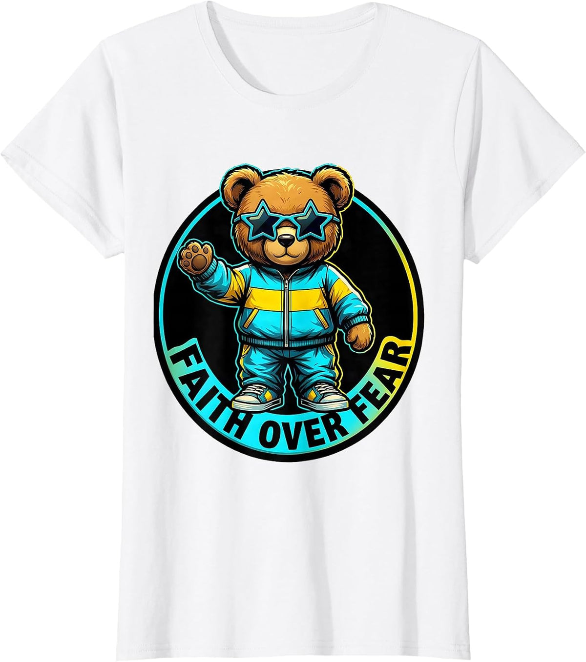 Women's Faith Over Fear Pop Art Teddy Bear Character Graphic T-Shirt - White
