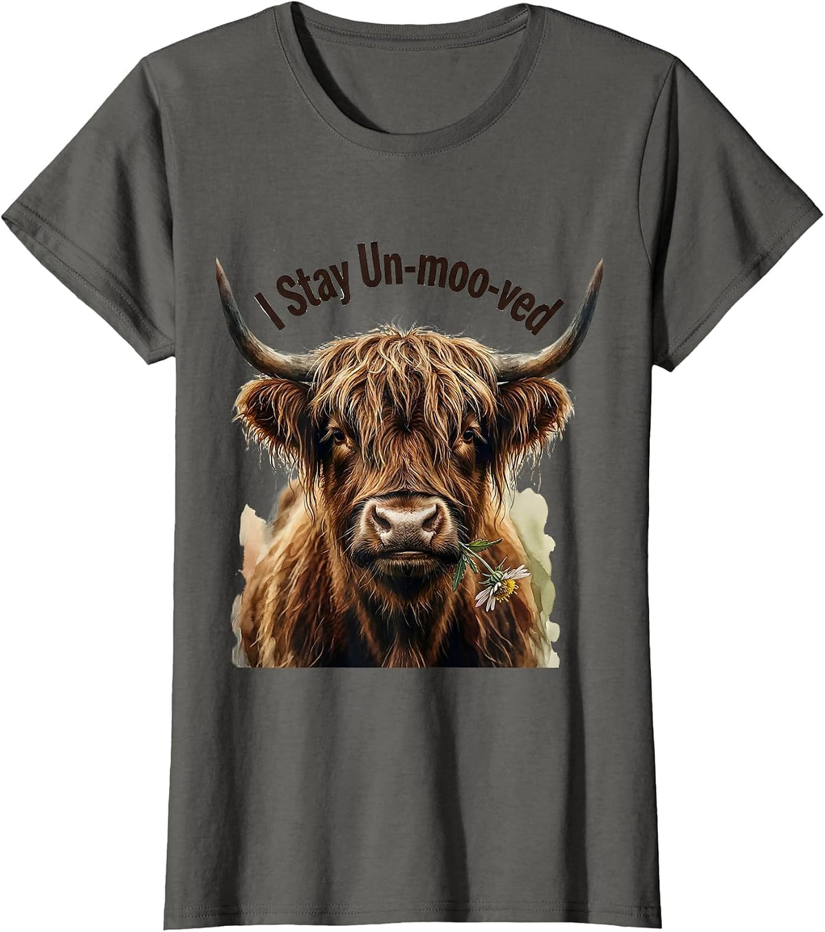 Women's I Stay Un-moo-ved Funny Highland Cow Farm Humor T-Shirt - Asphalt Grey