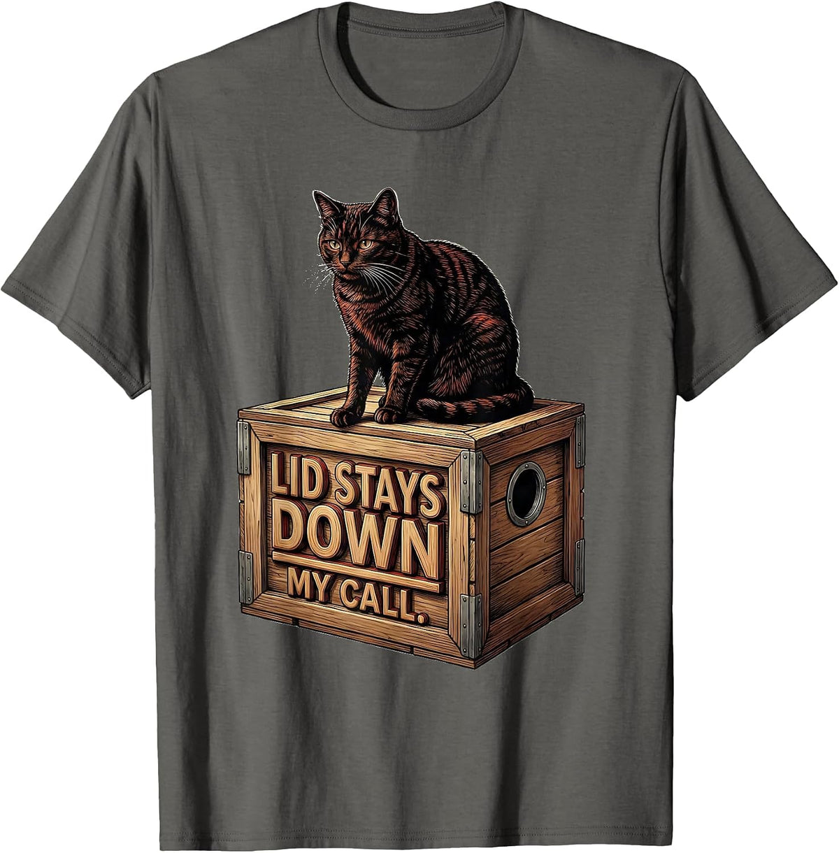Men's Lid Stays Down My Call Quantum Physics Cat Humor T-Shirt - Asphalt Grey