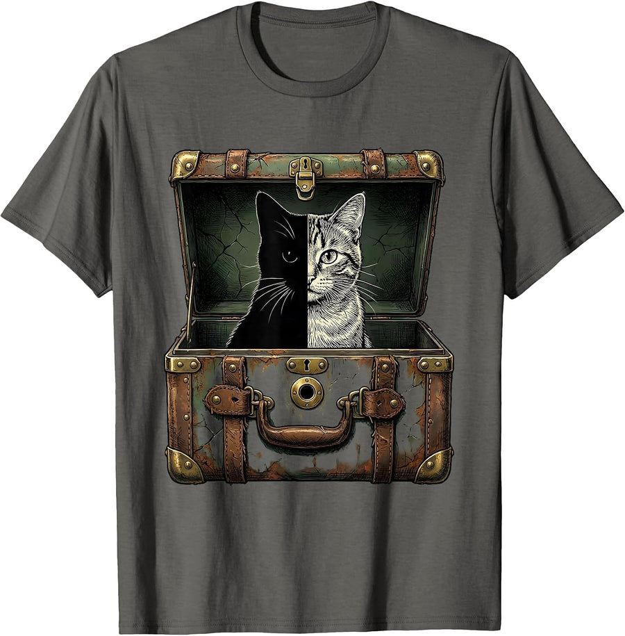 Worn Steamer Trunk Quantum Physics Cat Humor T-Shirt - Asphalt Grey