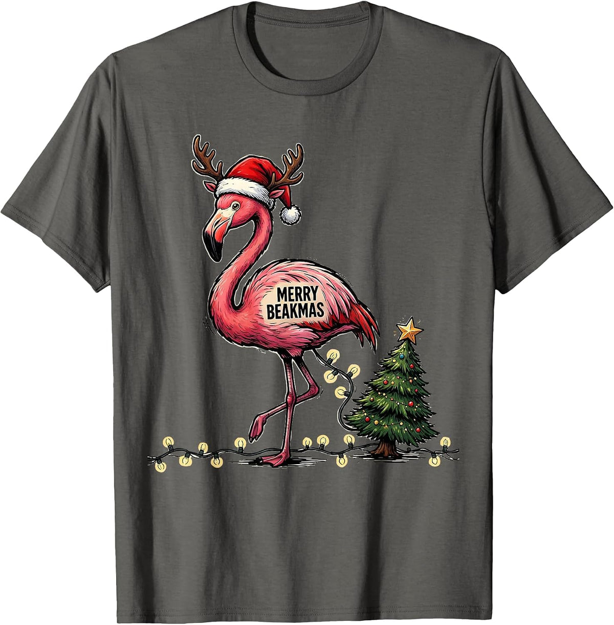 Men's Merry Beakmas Pink Flamingo Funny Christmas in July Novelty T-Shirt - Asphalt Grey