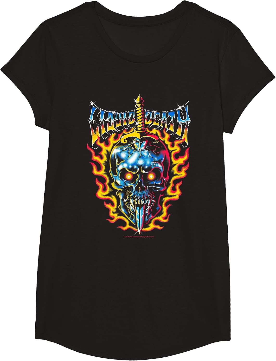 Liquid Death Chrome and Flames Skull and Sword Metal Water T-Shirt - Girls Black