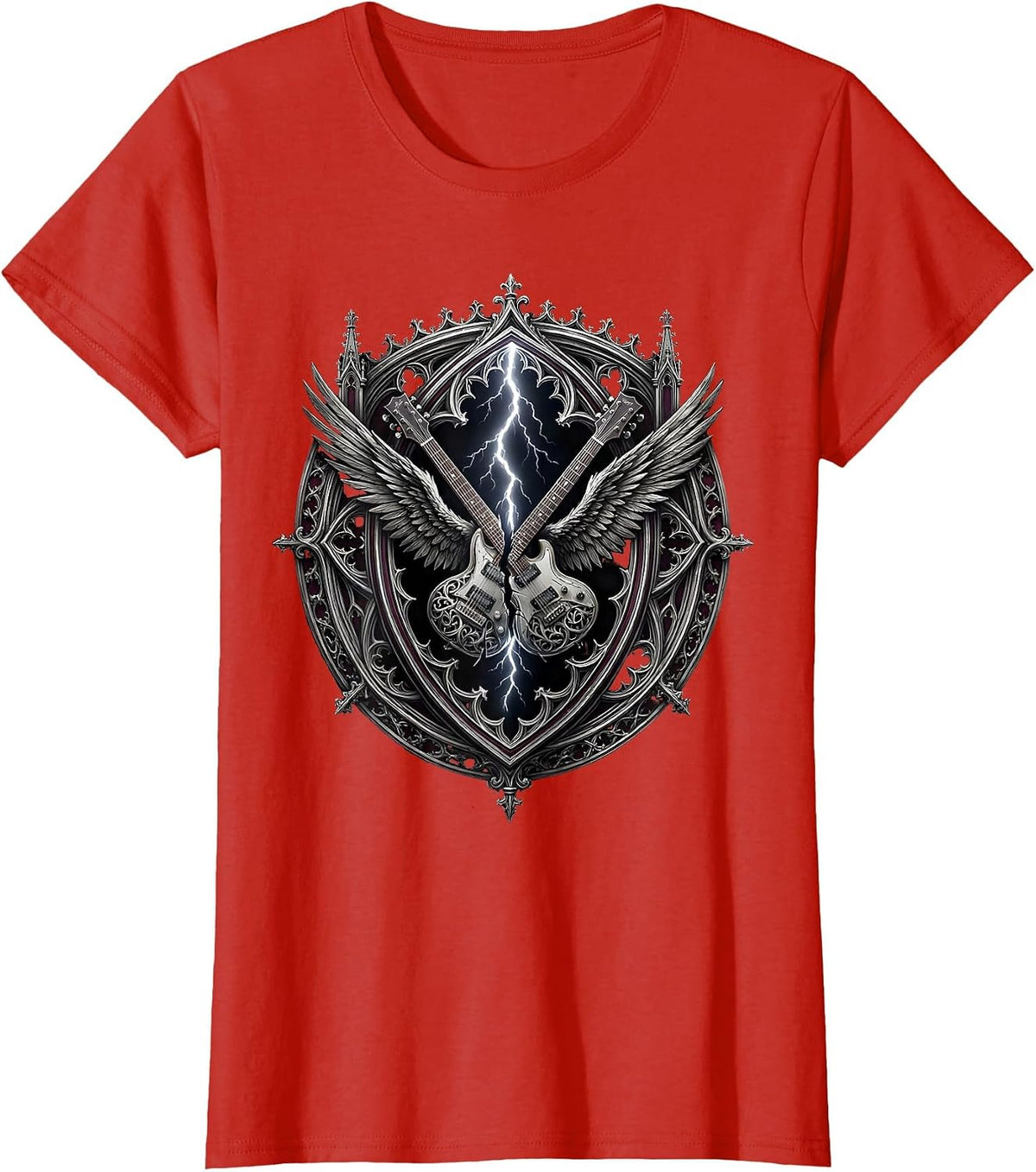 Lightning Bolt Flying V Guitar Rock Graphic T-Shirt - Red