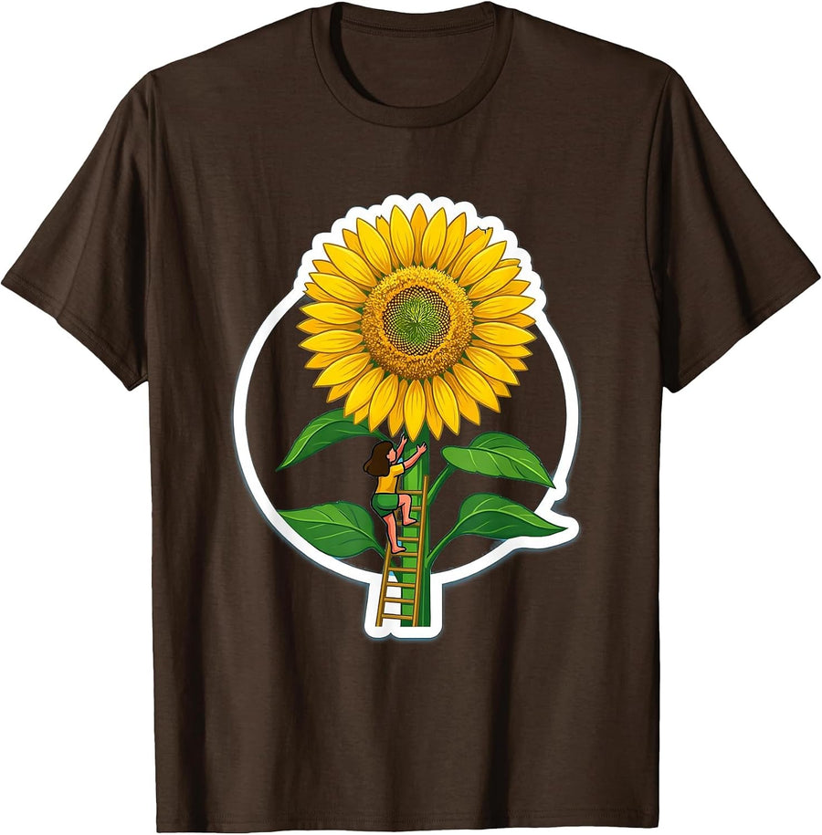 Girl Climbing Giant Sunflower Ladder Floral Art T-Shirt - Brown