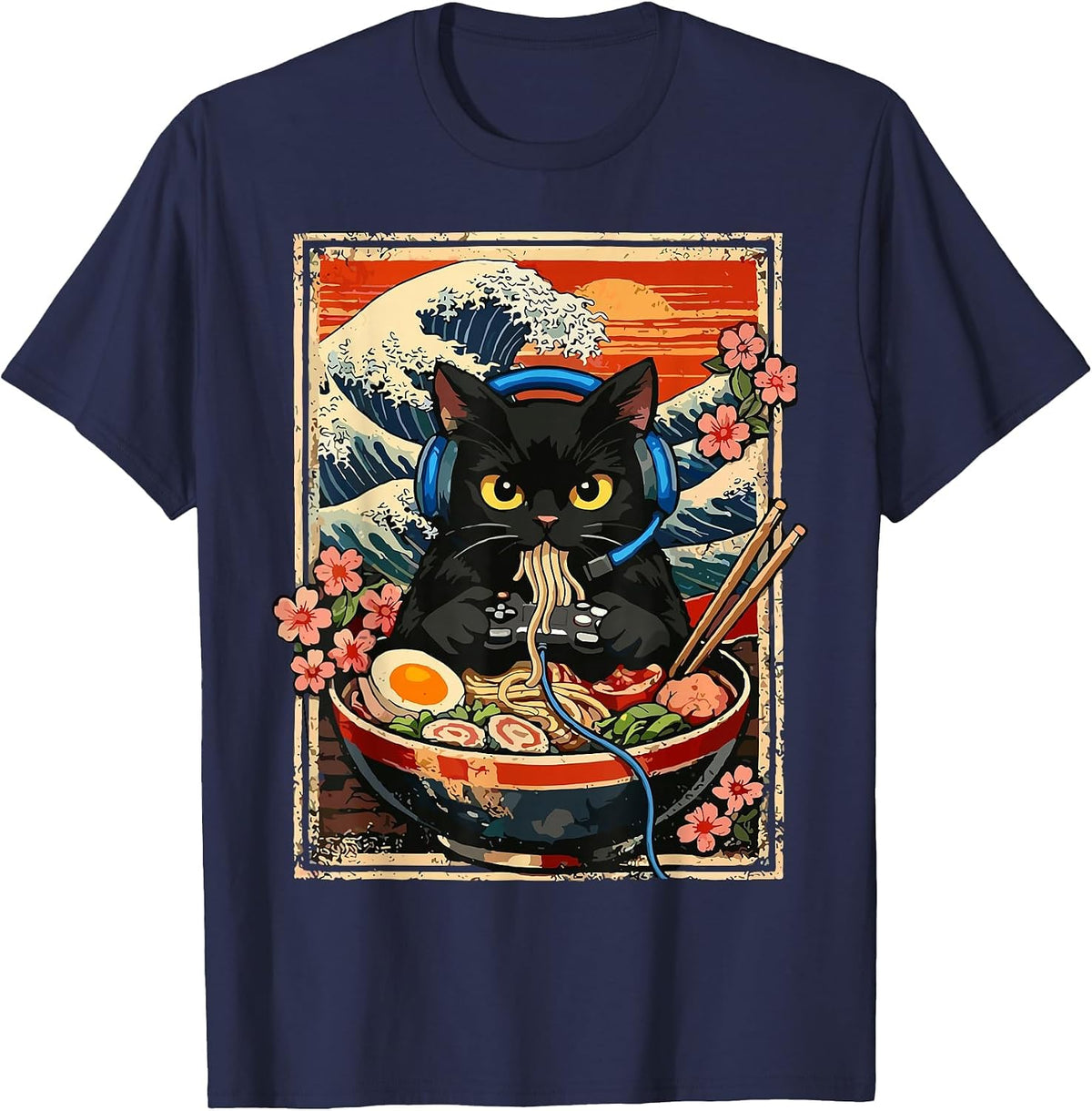 Kawaii Gamer Cat Eating Ramen T-Shirt - Navy Blue