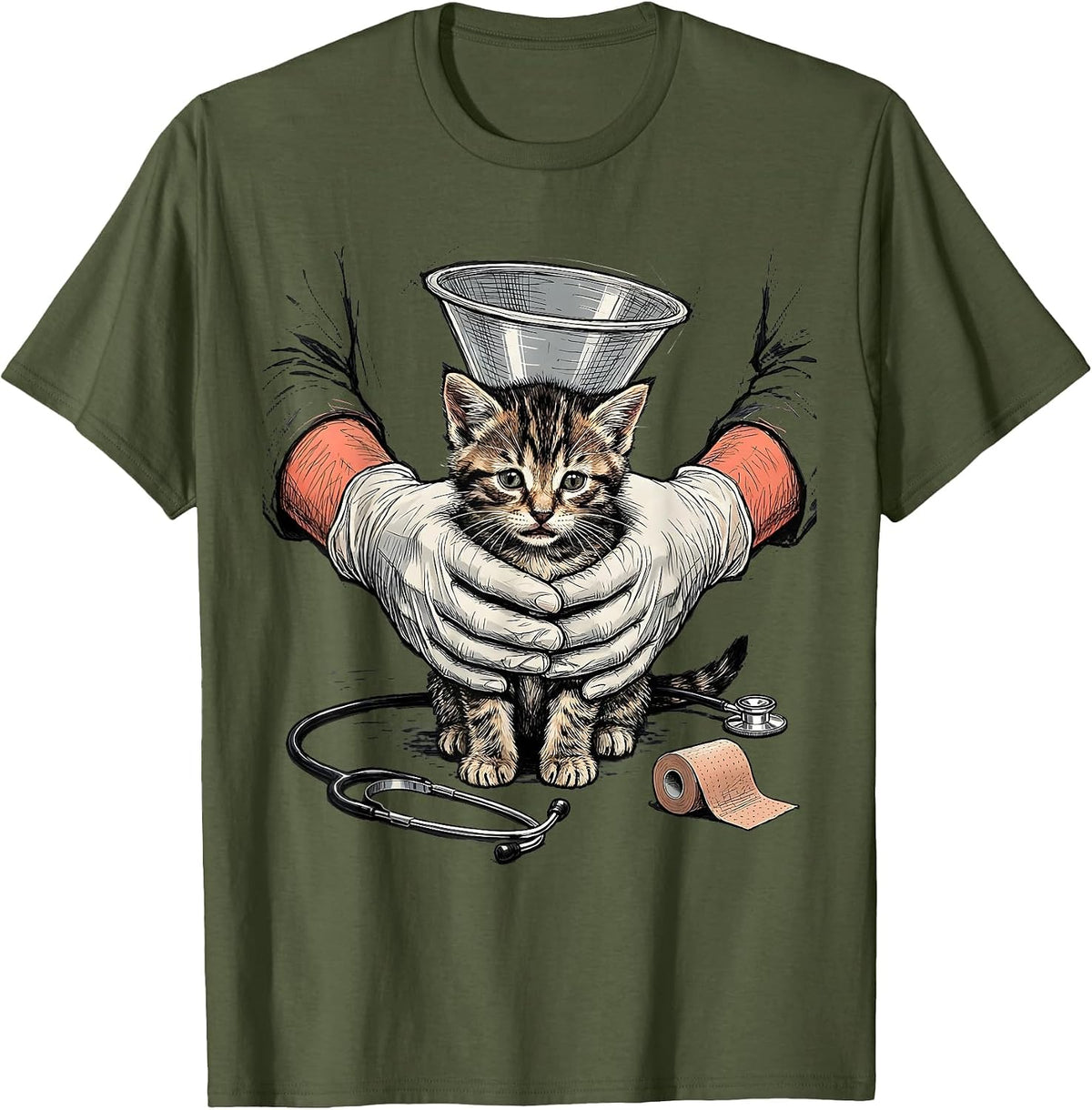 Cat Recovery Cone Veterinary Tech Vet Assistant Animal Care T-Shirt - Olive Green