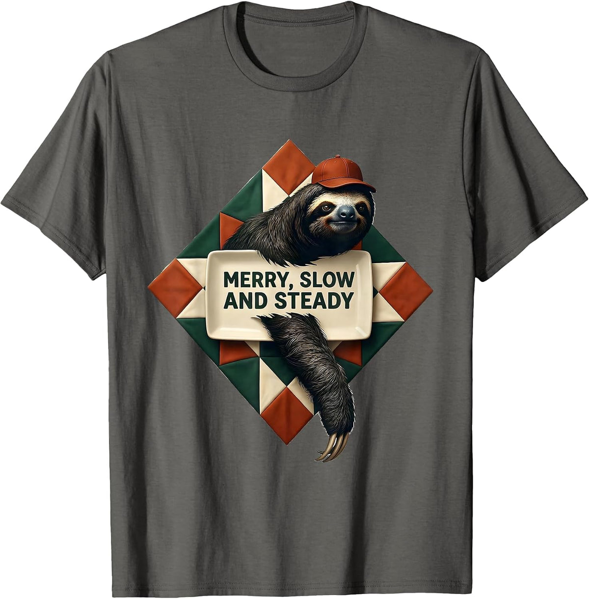Merry, Slow And Steady Funny Sloth Christmas Humor Sloth T-Shirt - Asphalt Grey
