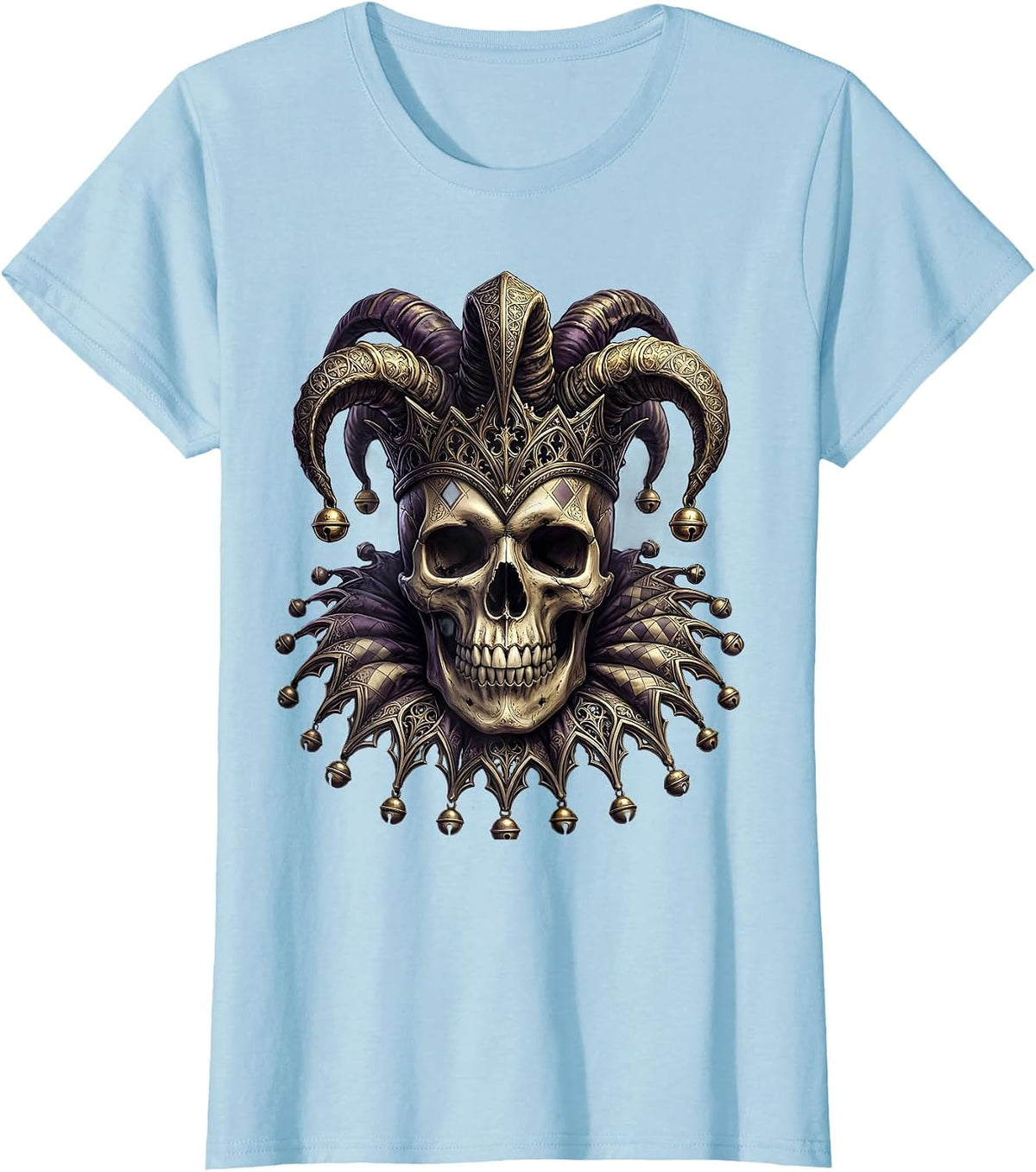 Mardi Gras Jester Skull with Bells Illustration T-Shirt - Baby Blue