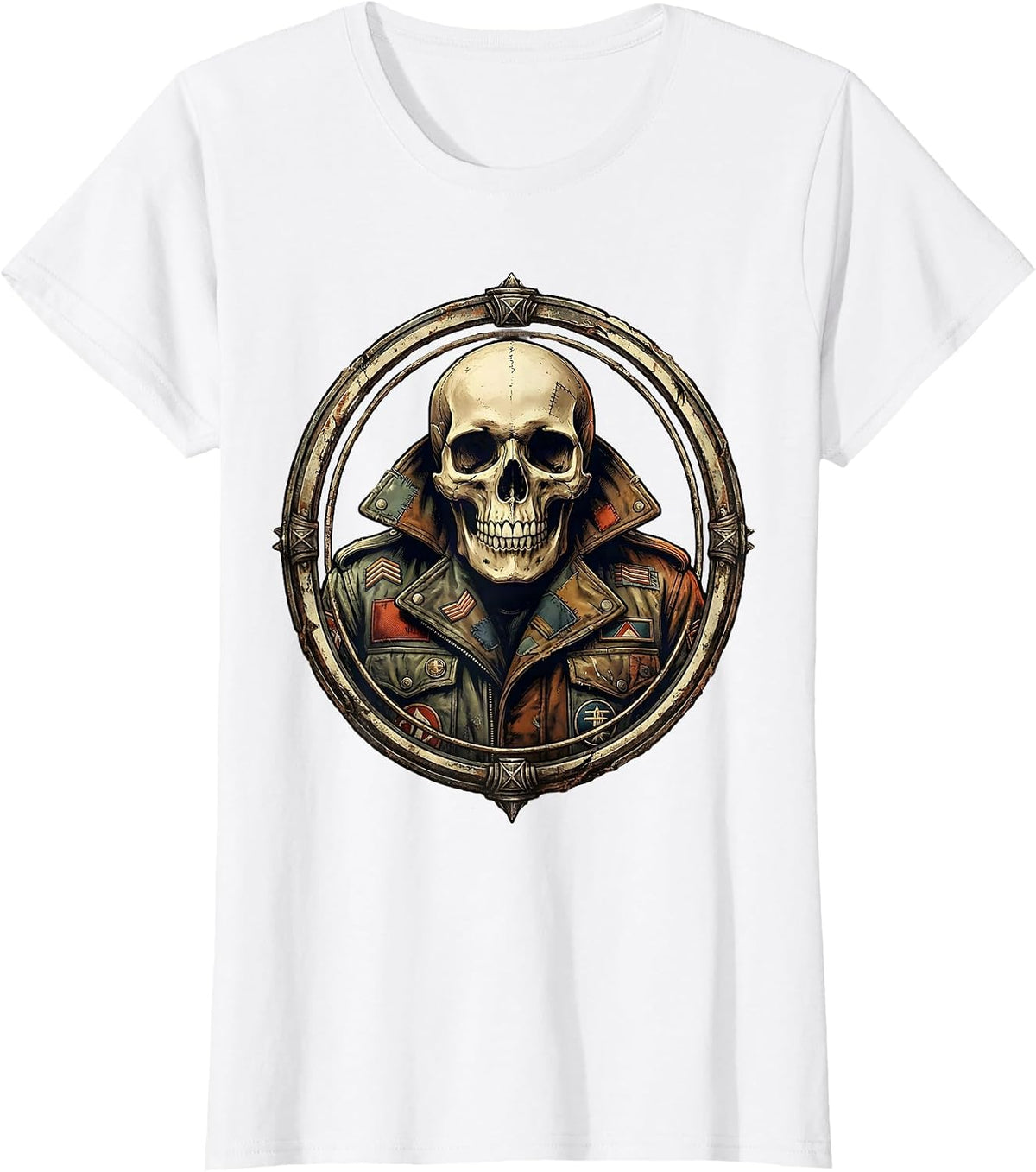 Women's Skull in Vintage Band Tour Jacket Rock Graphic T-Shirt - White